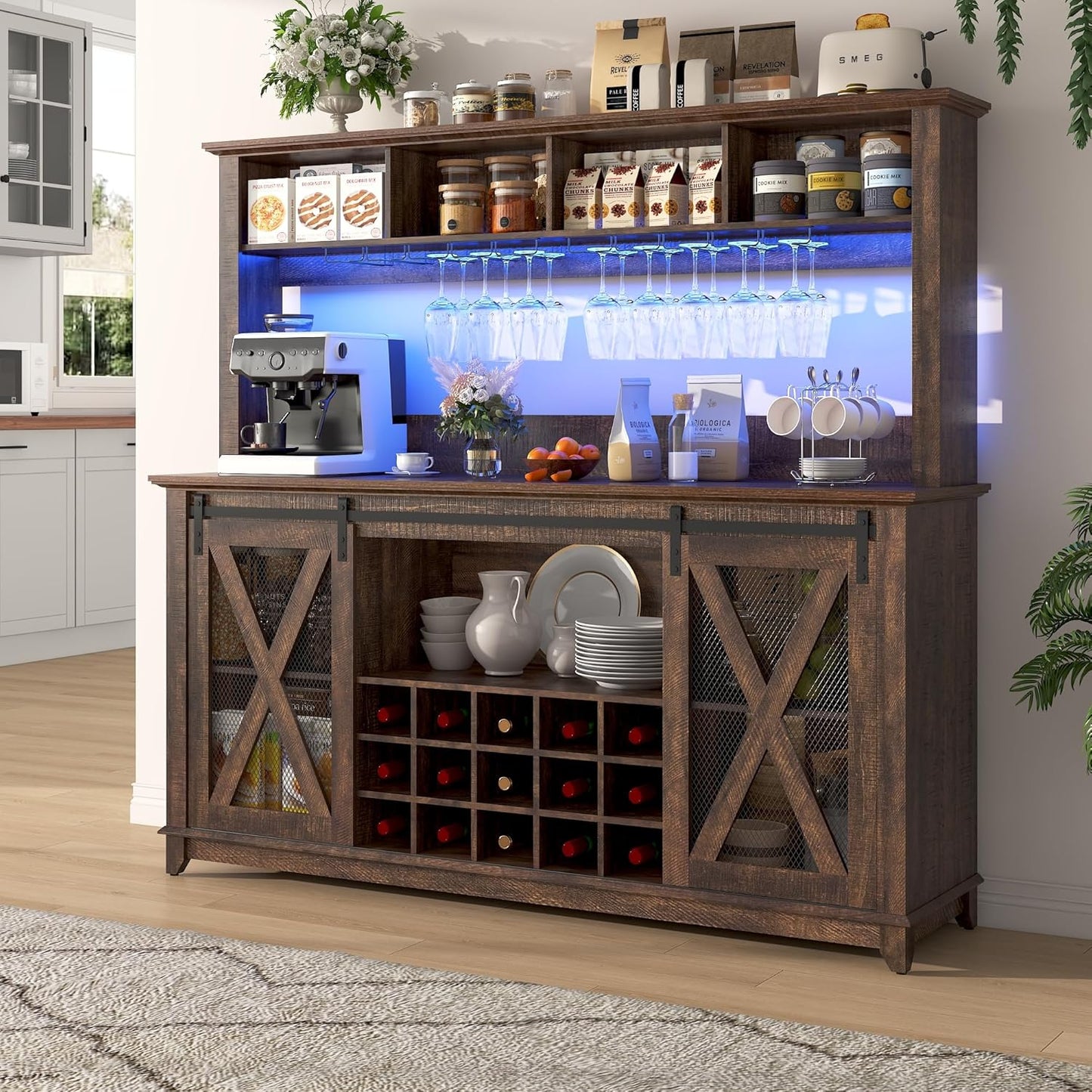 63"W Farmhouse Coffee Bar Cabinet with LED Light,Wine Bar Cabinet w/ 4 Tier Storage Hutch,Kitchen Buffet Cabinet w/Sliding Barn Door & 15 Wine and Glass Racks for Kitchen Dining Room(Brown)
