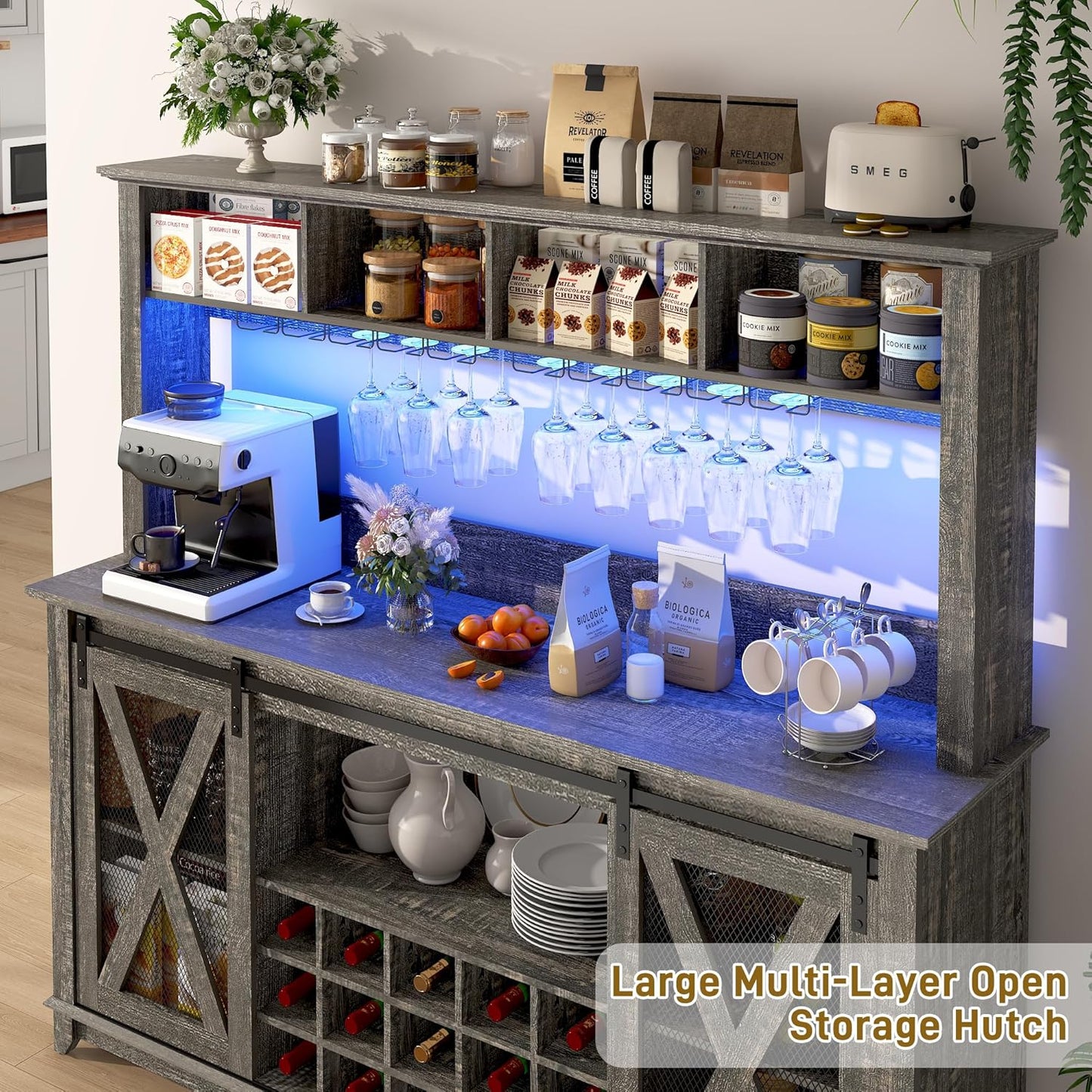 63"W Farmhouse Coffee Bar Cabinet with LED Light,Wine Bar Cabinet w/ 4 Tier Storage Hutch,Kitchen Buffet Cabinet w/Sliding Barn Door & 15 Wine and Glass Racks for Kitchen Dining Room(Dark Rustic Oak)