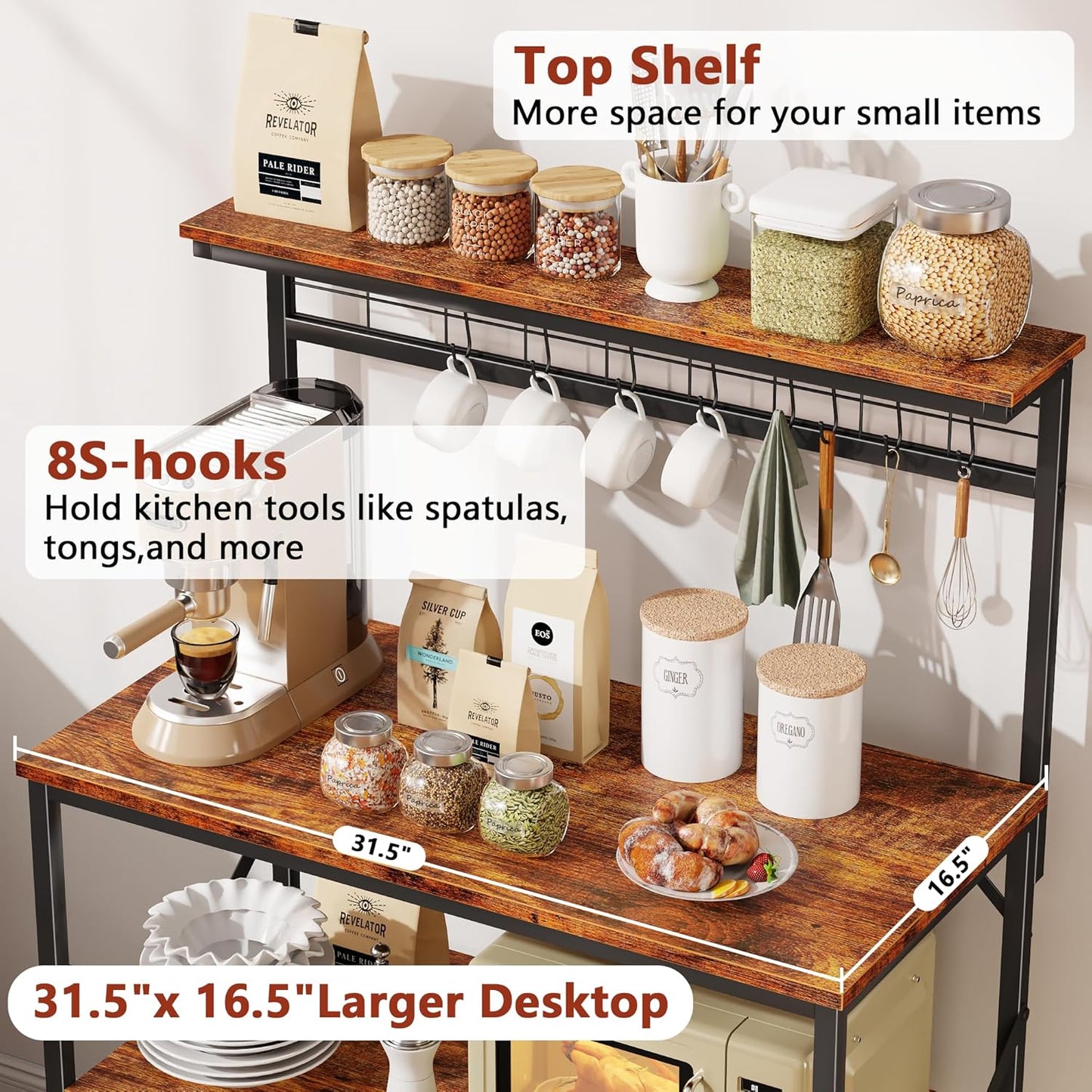 Furologee Kitchen Bakers Rack with Hutch,Coffee Stand with Storage 4 Tiers,Coffee Bar Station with a 31.5 Inch Larger Desktop and 8 S Hooks,Kitchen Microwave Rack for Spices,Pots,Rustic Brown