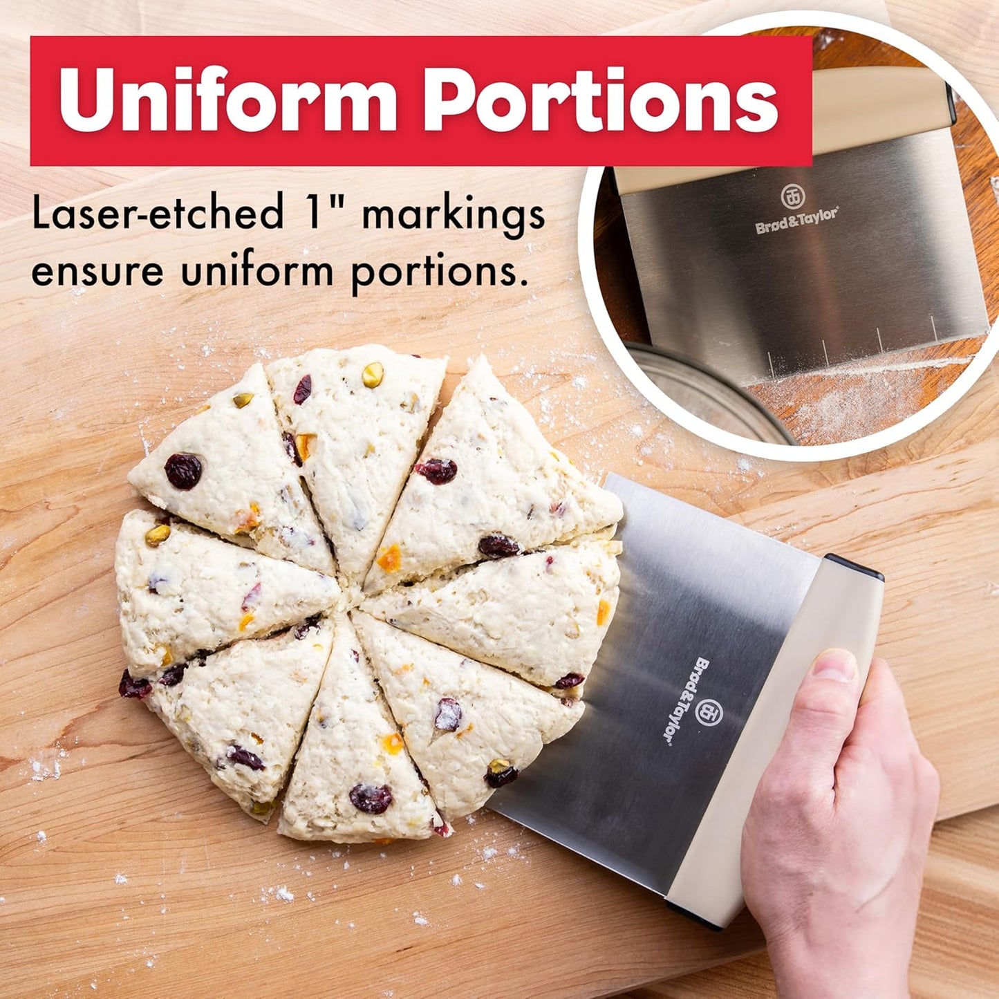 Brod & Taylor Bench Knife with 1" Markings and Non-Slip Rubber Handle, Dough Cutter for Home-Kitchen Baking (6" x 5.25" Surface), 100% Dishwasher Safe