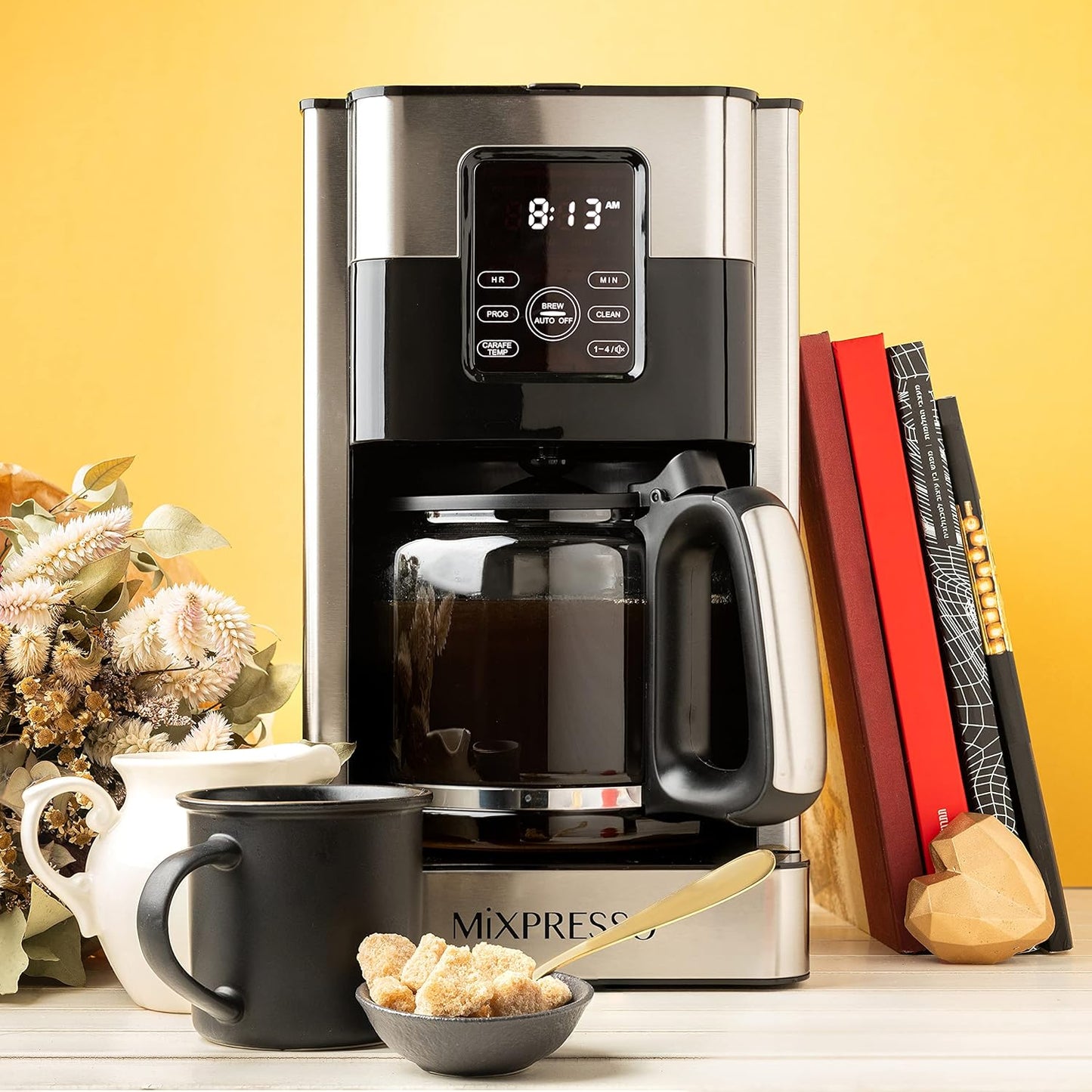 Mixpresso 12-Cup Drip Coffee Maker With Lcd Touch Display, Programmable Coffee Pot Machine, Borosilicate Glass Carafe, Anti-Drip System, Stainless Steel & Black Electric Coffee Maker