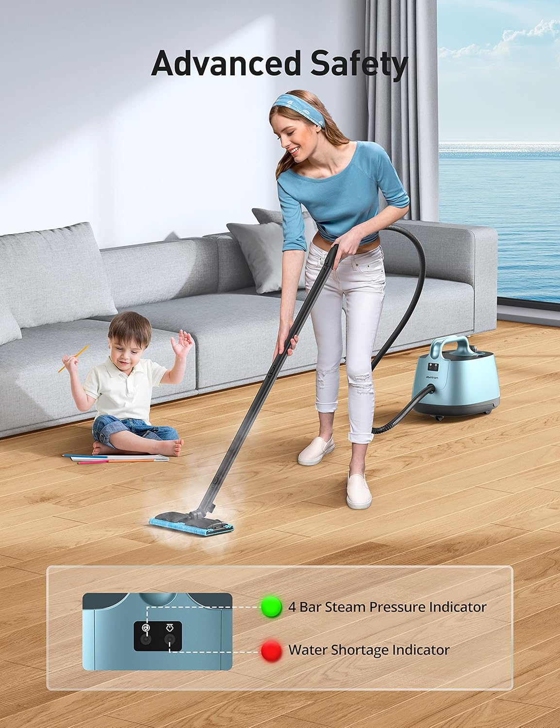 Steam Cleaner, 293°F 58 PSI Powerful Multipurpose Handheld Steam Mop for Home Use, 21 Attachments, 50Oz Capacity, Heavy Duty Steamer for Carpets, Floors, Cars, Tiles, Crack Cleaning, Light blue