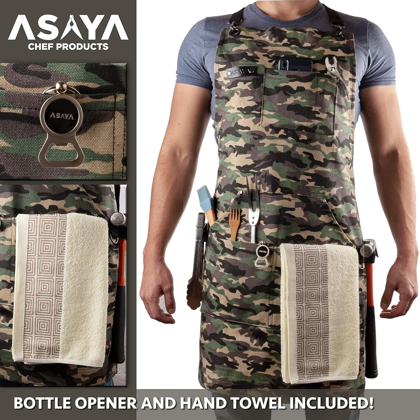 Asaya Chef and BBQ Apron with Bottle Opener and Hand Towel - 10oz Cotton Canvas, Stainless Steel Hardware - Cross Back Straps