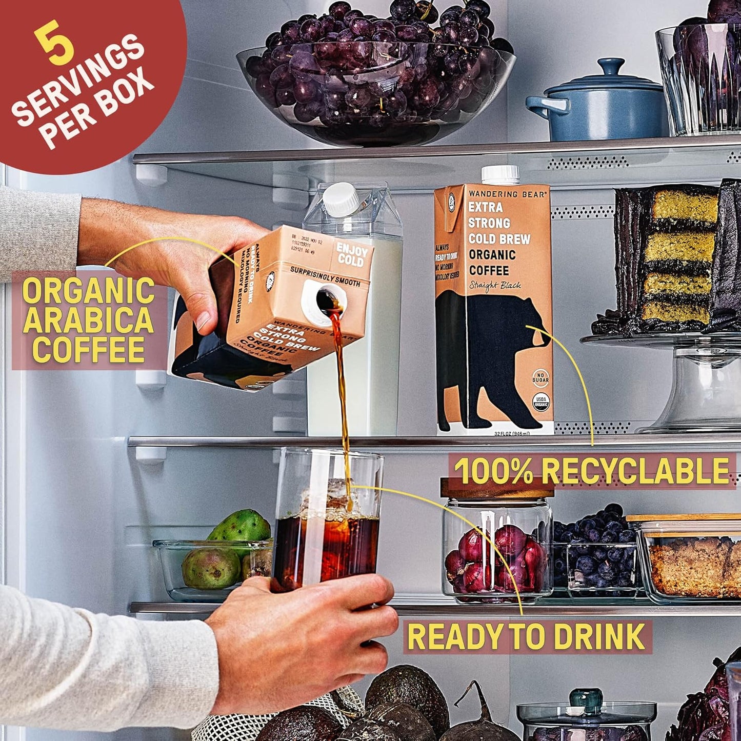 Wandering Bear Organic Mocha Cold Brew Coffee, 32 fl oz, 6 pack - Extra Strong, Bold, Smooth, Unsweetened, Shelf-Stable, Ready to Drink, Gluten Free, & Vegan, Iced Cold Brewed Coffee Drinks