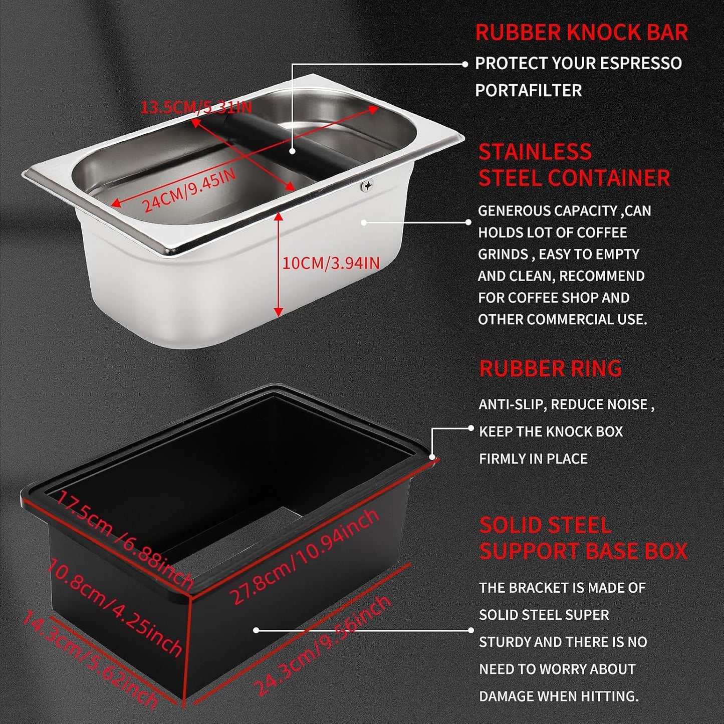 Espresso Knock Box,Stainless Steel Coffee Pucks Container, with Steel Holder and Noise Reduction Rubber Ring (10.94 x 6.88 x 4.25 inch)