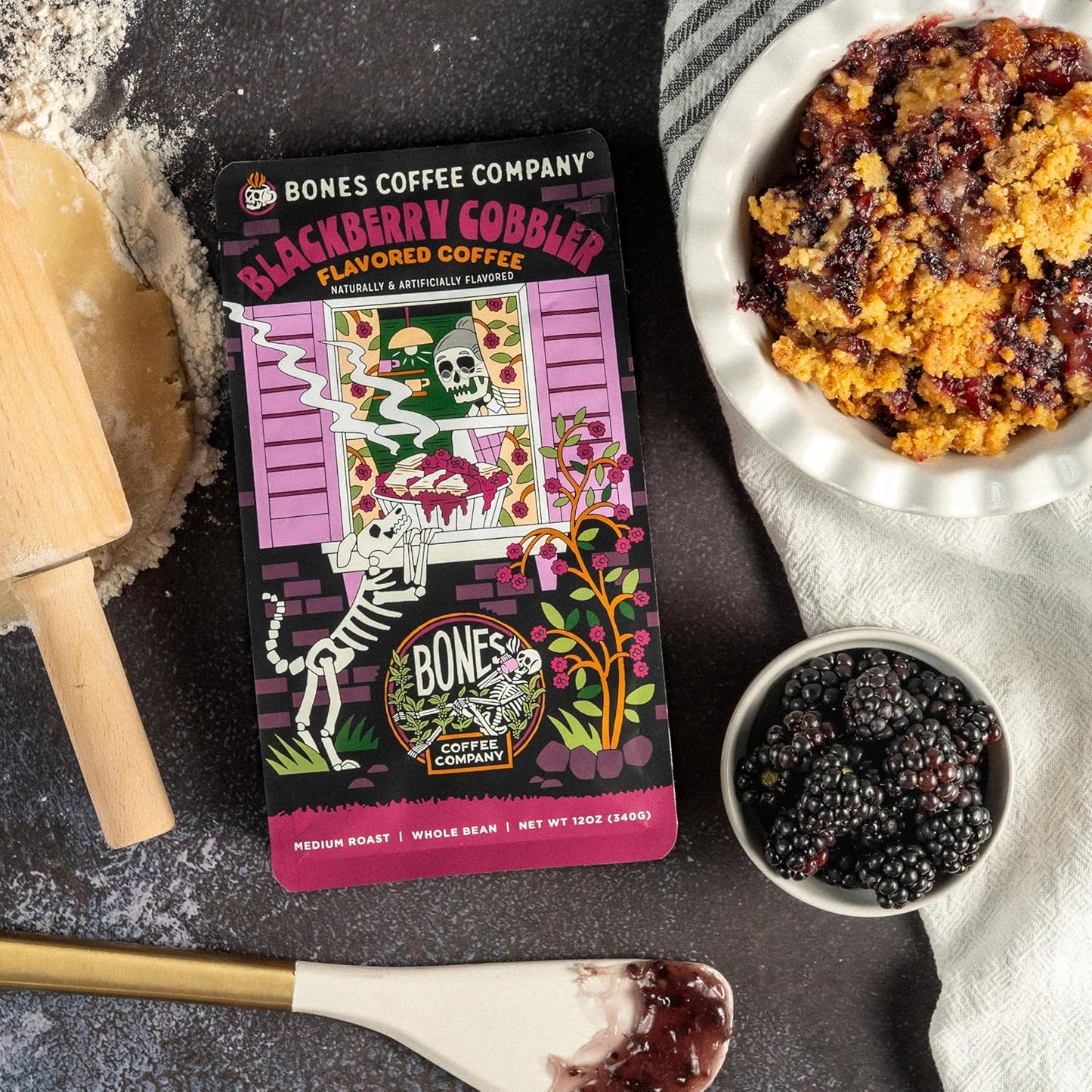 Bones Coffee Company Blackberry Cobbler Flavored Coffee Beans, Whole Bean Coffee Medium Roast Low Acid, Blackberry Cobbler Flavor (12 oz)