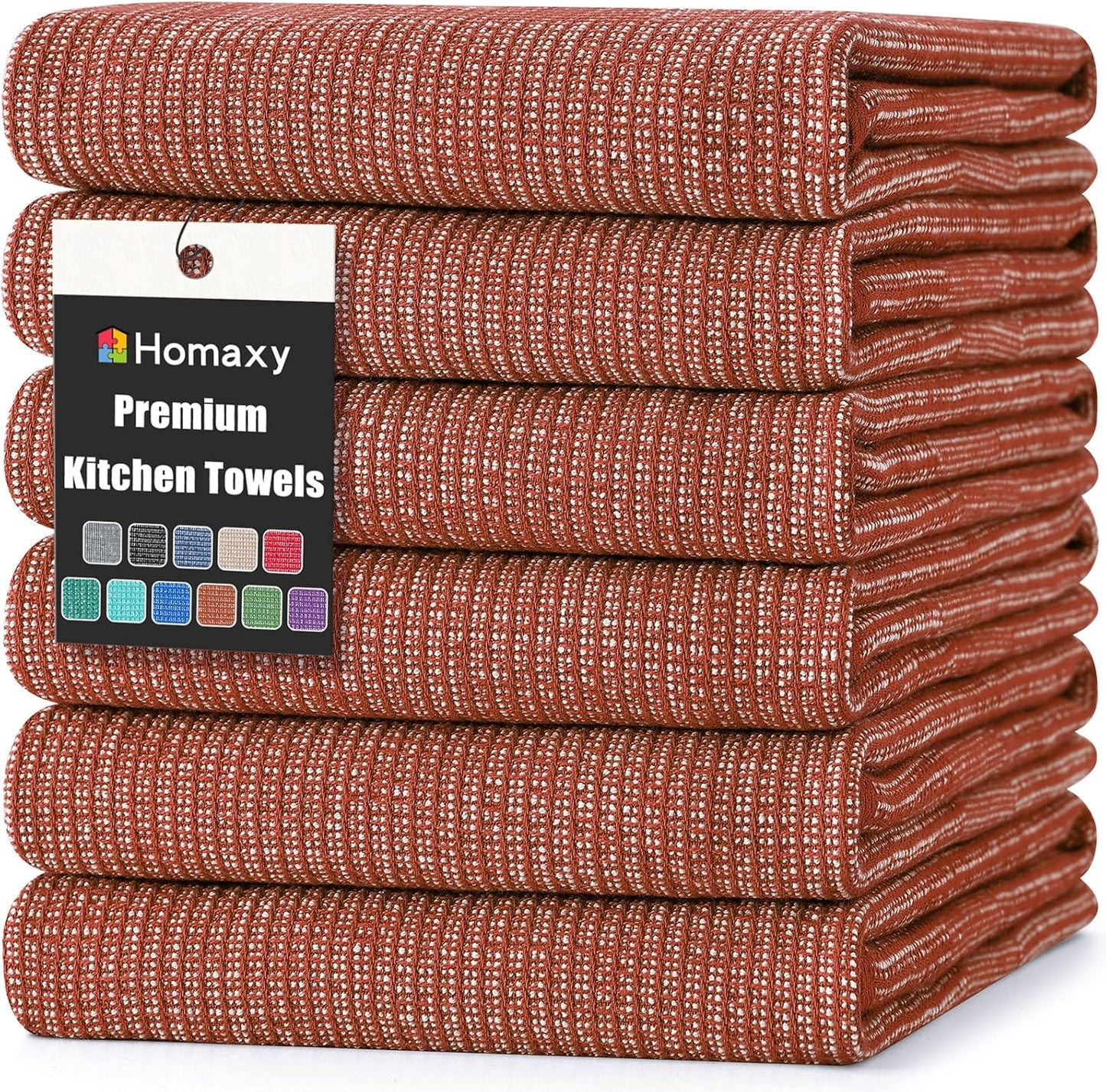 Homaxy Premium Kitchen Towels(18”x 28”, 6 Pack), Large Cotton Kitchen Hand Towels, Flat and Terry Dish Towels, 380 GSM Highly Absorbent Tea Towel Set with Hanging Loop, Rust