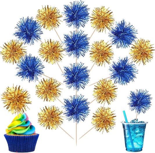 40 PCS Foil Firework Cupcake Toppers Sparkle Tinsel Cupcake Picks Fireworks Birthday Party Decorations Cocktail Fruit Toothpick for Birthday Wedding Graduation Party Decorations Supplies Gold Blue