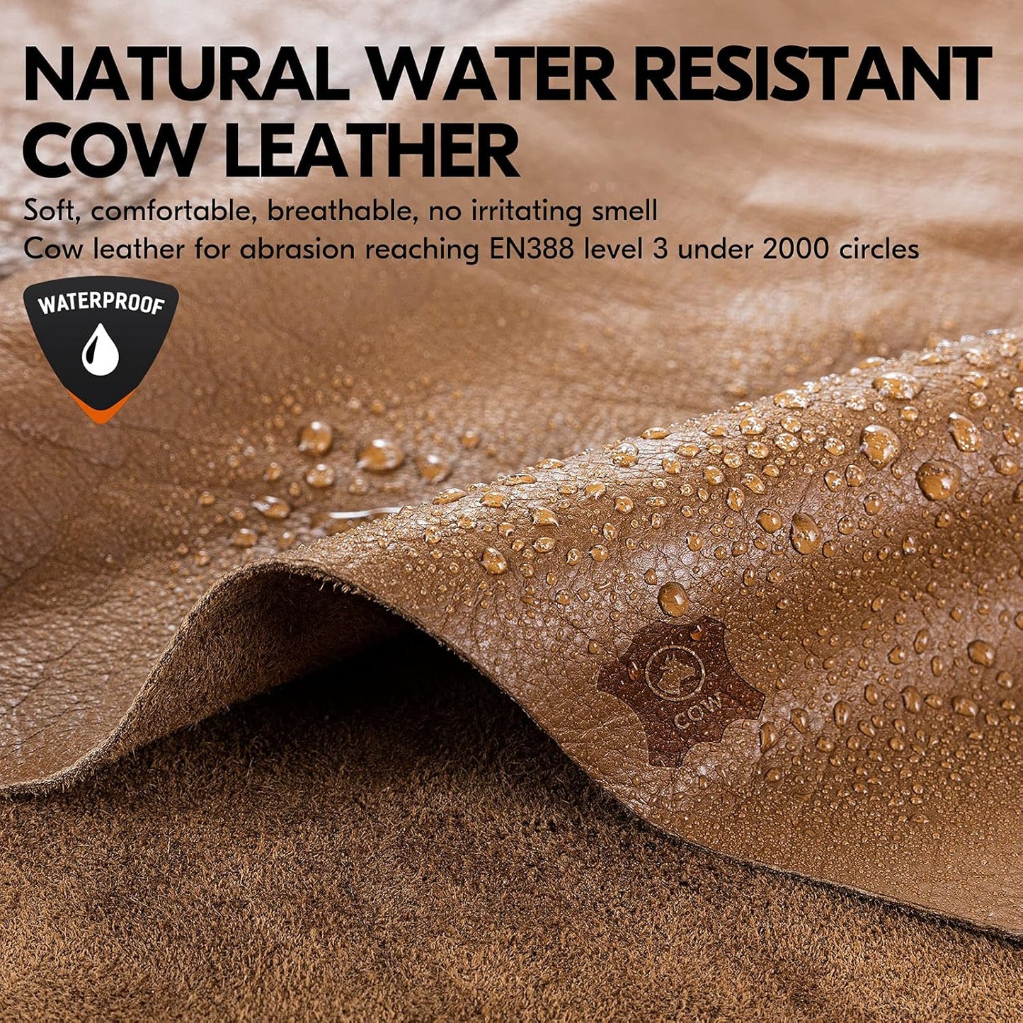 Vgo... 1-Pair Unlined Safety Cow Grain Leather Work Gloves Men, Rigger Gloves, Builder Gloves, Water Resistant, Palm Patched (Size L, Brown, CA9597WP)