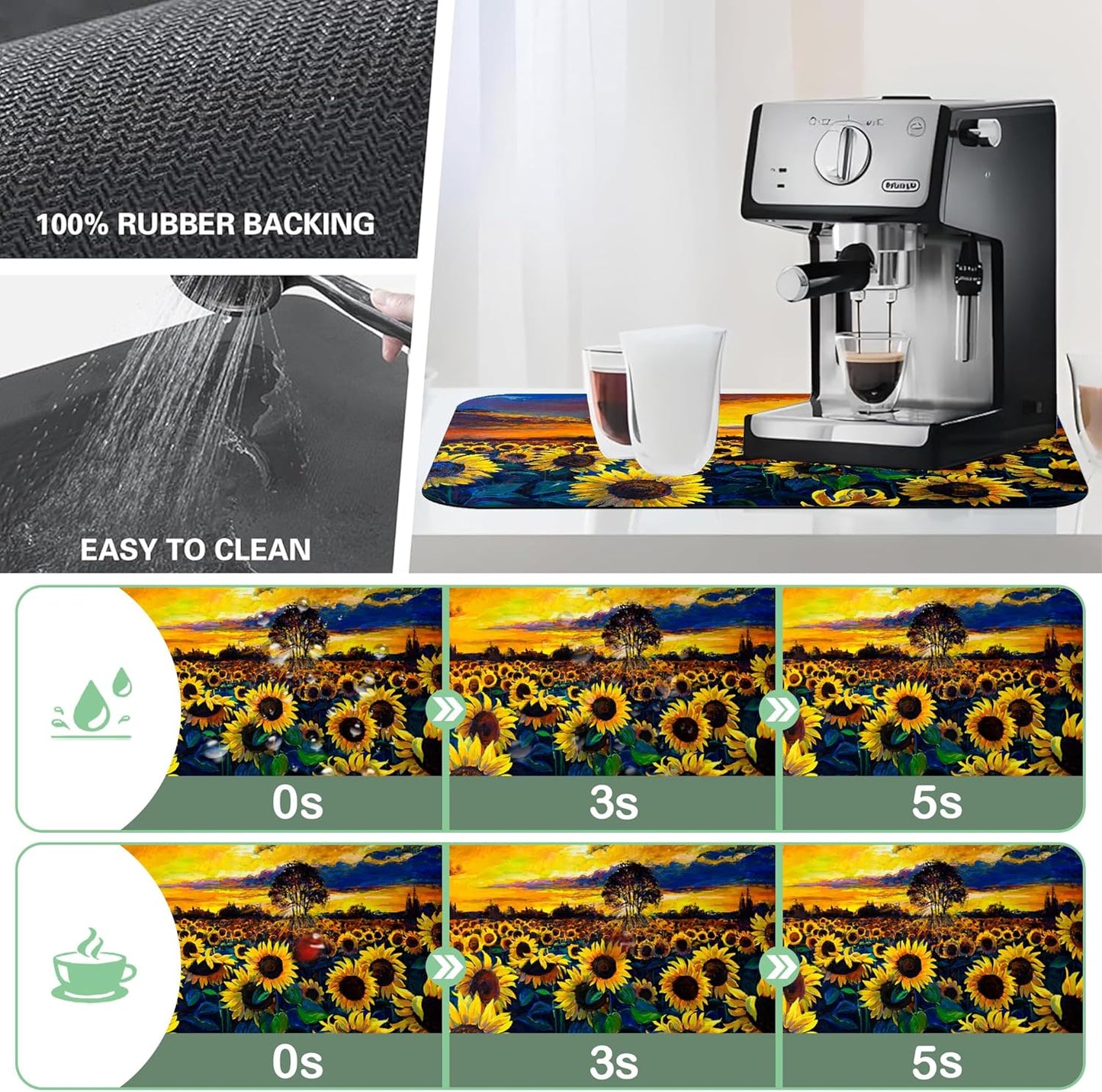 Sunflower Field Dish Drying Mat,16"X24" Absorbent Fast Dish Drying Mat for Kitchen Counter Pot and Pan, Kitchen Accessories