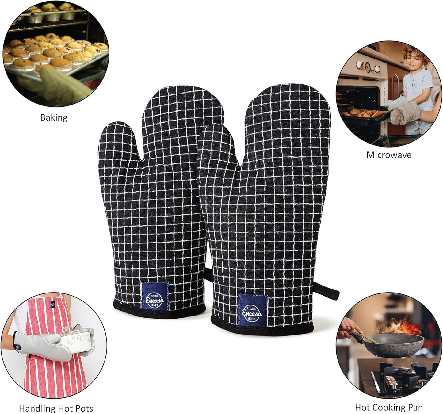 Encasa Homes Long 12" Oven Microwave Hand Gloves Mitts (2 pc Set) for Kitchen Cooking & Baking - Heat Resistant, Thick & Safe, Protection of Hands from Hot Utensils - Butcher Checks Black
