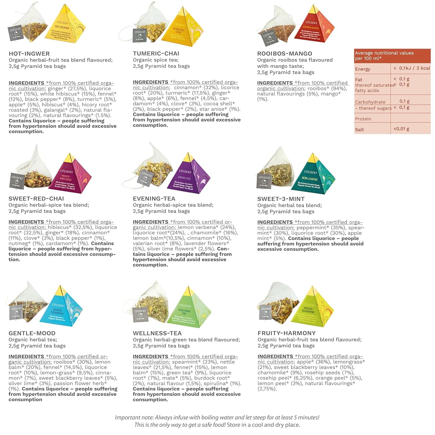 Creano Organic Herbal Tea Gift Set "Organic Herbal Tea" – 24 Pyramid Tea Bags in 9 Different Varieties – 60 g*