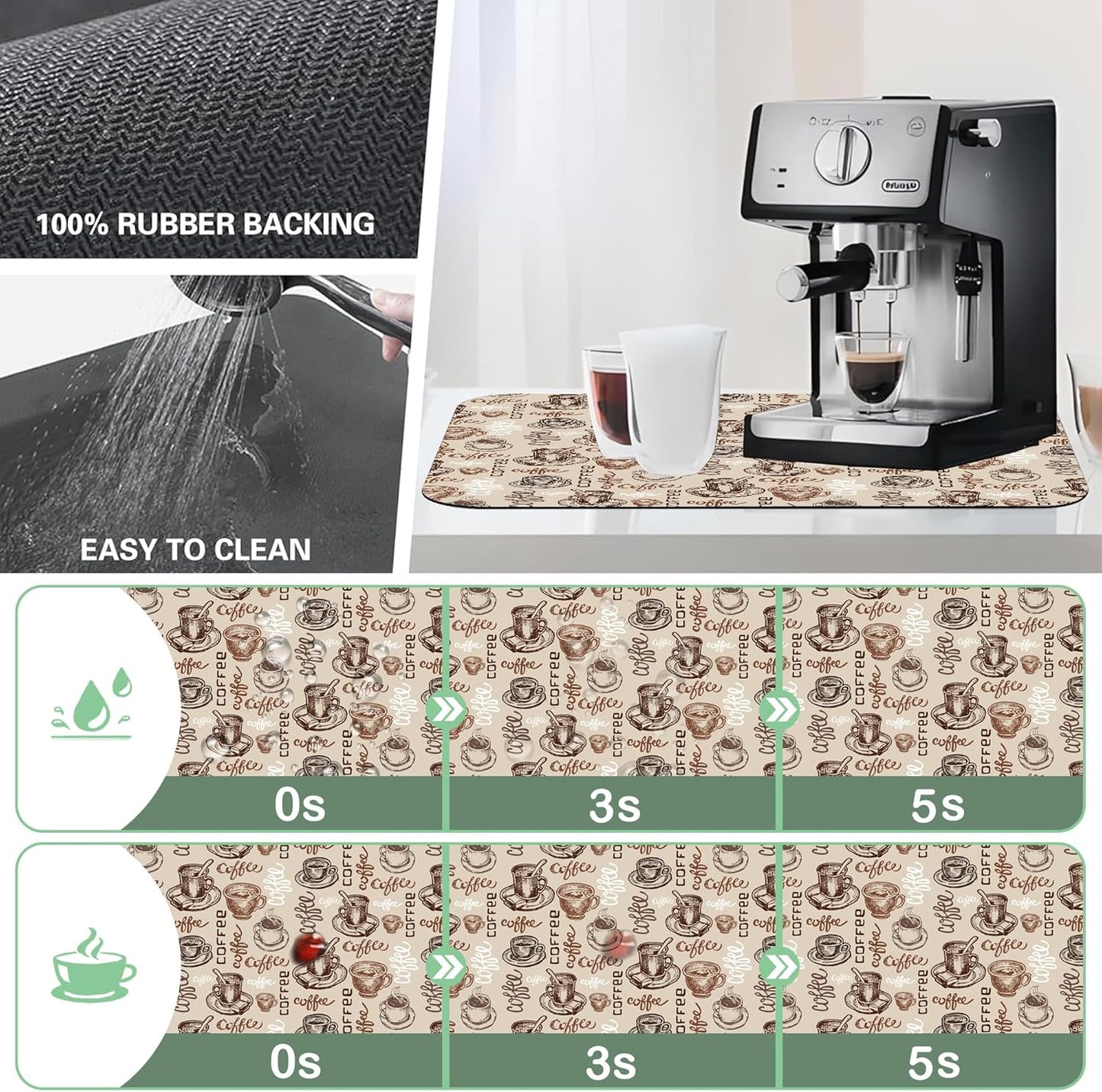 Doodle Coffee Cup Dish Drying Mat,12"X19" Absorbent Fast Dish Drying Mat for Kitchen Counter Pot and Pan, Kitchen Accessories