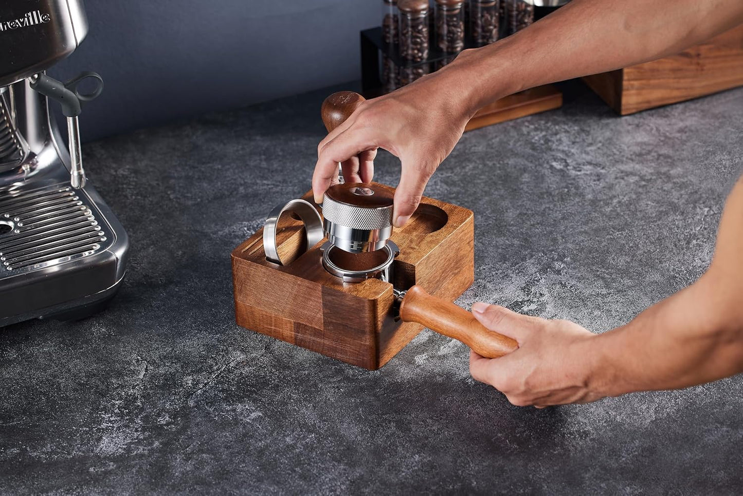 Tamping Station for Portafilters Solid Wood Espresso Accessories 5-Slot Organizer with Anti-Slip Base & Adjustable height (small)