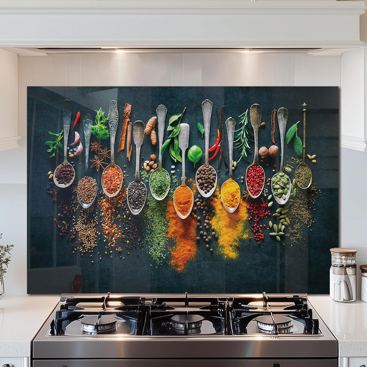 DAIFURONGE Spice Tempered Glass Backsplash For Kitchen Behind Stove,Stove Back Top Cover,Easy to Clean Glass Splashback, Sink Cover Splash Guard,Home Kitchen Wall Decor (35.43"x23.62"(90x60cm))