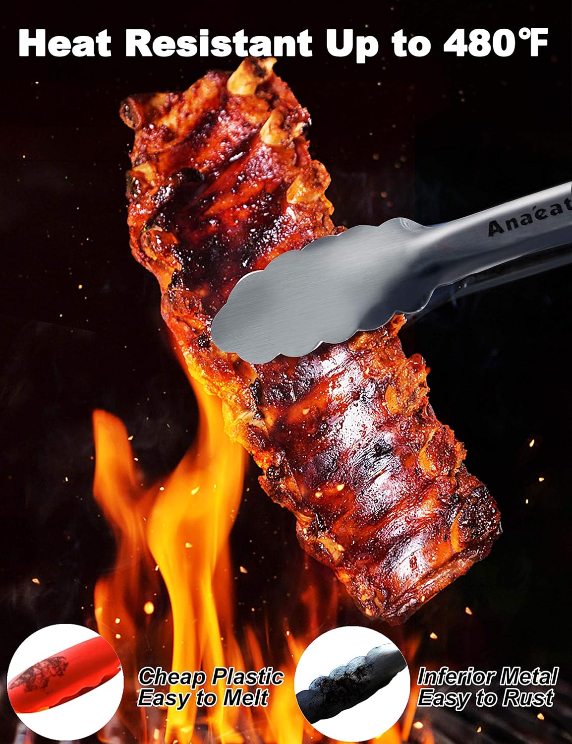 Anaeat Premium Sturdy Barbecue Tongs for Kitchen Grill & BBQ - 7,9,12 Inch Non-Slip Stainless Steel Locking Tongs Heat Resistant for Grilling, Cooking, Turning and Barbecue