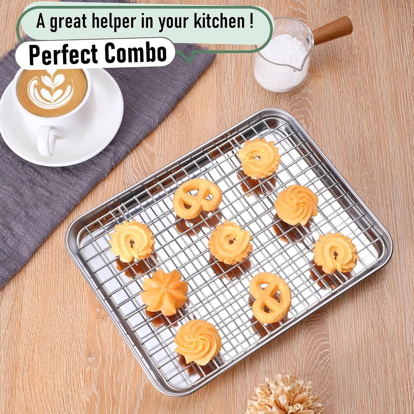 Homikit Cookie Sheet with Rack, 10 x 8 Inch Stainless Steel Small Baking Sheet with Wire Rack Set for Baking Roasting Cooling, Small Toaster Oven Pan Bacon Tray, Non-Toxic & Dishwasher Safe