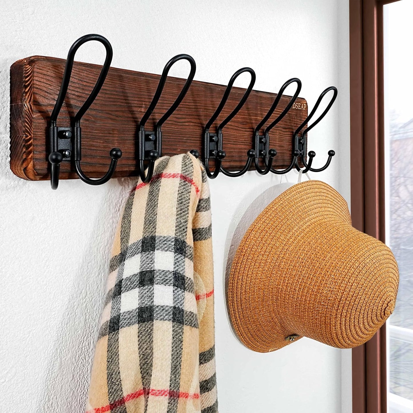 Dseap Coat Rack Wall Mounted - Heavy Duty Farmhouse Rustic Wall Coat Hanger with 5 Wire Hooks for Clothes Hat Jacket Towel, RusticWire, J1-5A, Rustic Brown & Black