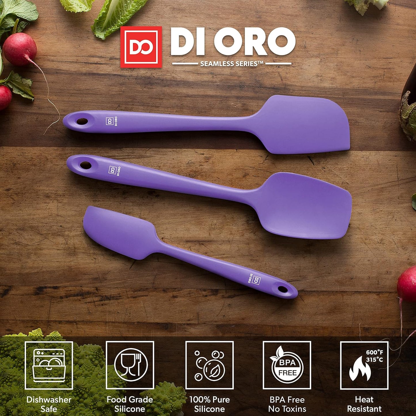 DI ORO Silicone Spatula Set - Rubber Kitchen Spatulas for Baking, Cooking, & Mixing - 600°F Heat-Resistant & BPA Free Silicone Scraper Spatulas for Nonstick Cookware - Dishwasher Safe (3pc, Lavender)