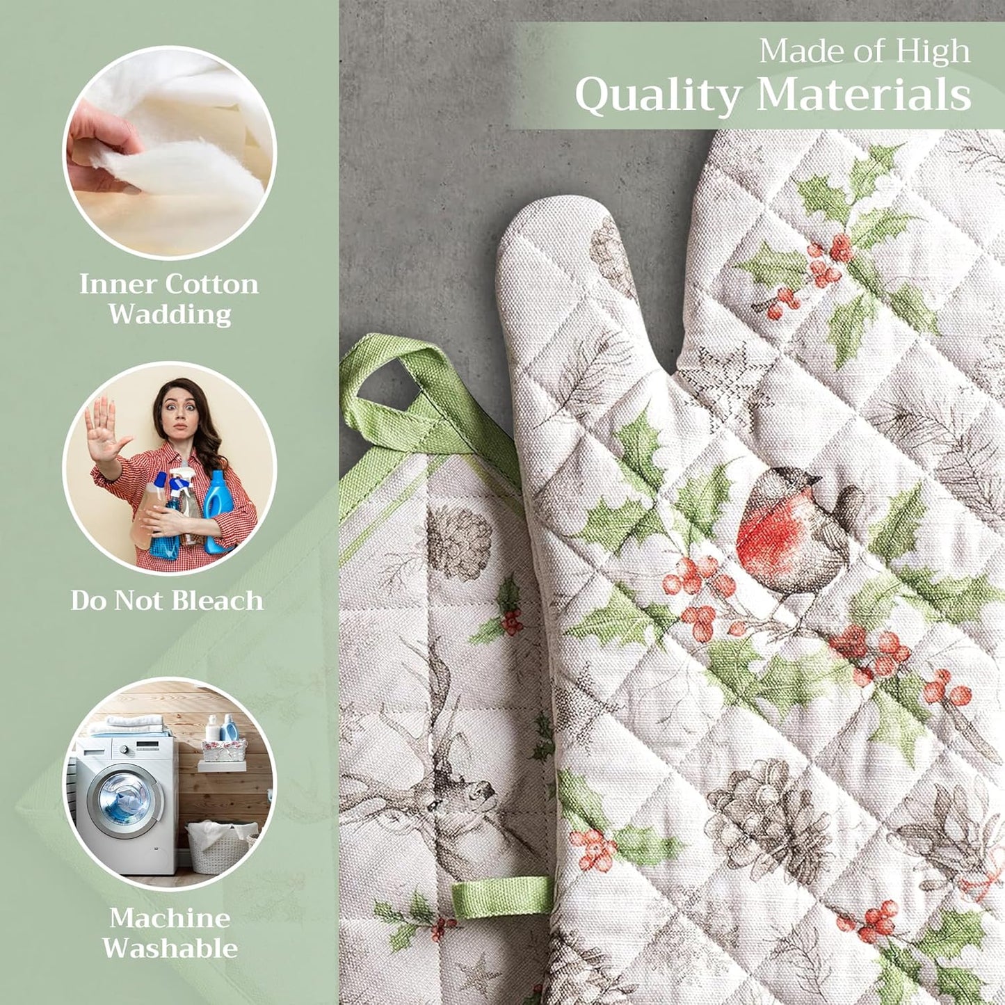 Maison d' Hermine 100% Cotton Oven Mitt & Pot Holder Set (7.5"x13" & 8"x8") Heat Resistant BBQ Cooking Gloves with Loop, Baking, Grilling, Kitchen, Handling Hot Pans (Christmas Dew)