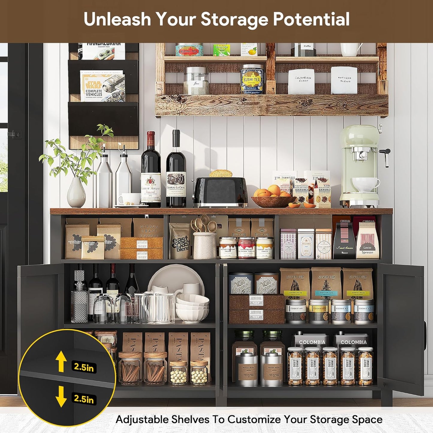 Buffet Sideboard with Storage Farmhouse with 4 Doors, 55'' Large Kitchen Storage Cabinet Wood Coffee Bar Cabinet Buffet Table with Shelves for Kitchen, Dining Room, Entryway (Black, 55 in)