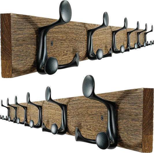 SKOLOO 39-Inch Wood Burnt Coat Rack Wall Mount with 6 Triple Hooks - Ideal for Family Entrances, Classrooms, and Pet Supplies Storage - Perfect Coat Hooks for Wall, Pack of 2