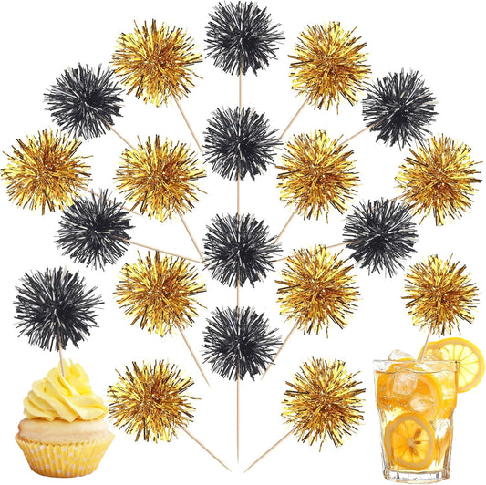 40 PCS Foil Firework Cupcake Toppers Sparkle Tinsel Cupcake Picks Fireworks Birthday Party Decorations Cocktail Fruit Toothpick for Birthday Wedding Graduation Party Decorations Supplies Black Gold