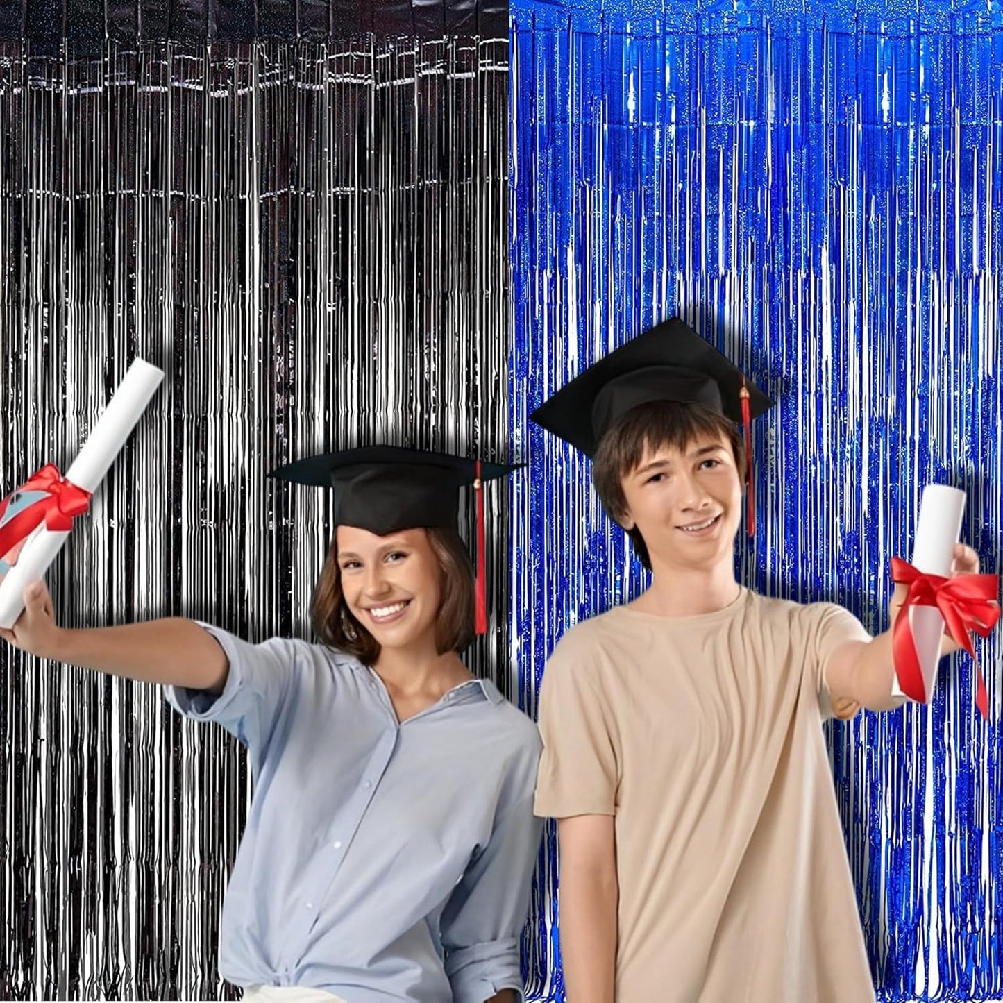 Foil Fringe Curtain Party Decorations - Black Blue Metallic Tinsel Photo Booth Backdrop Party Steamers Curtains for Birthdays Christmas New Years Homecoming Decoration