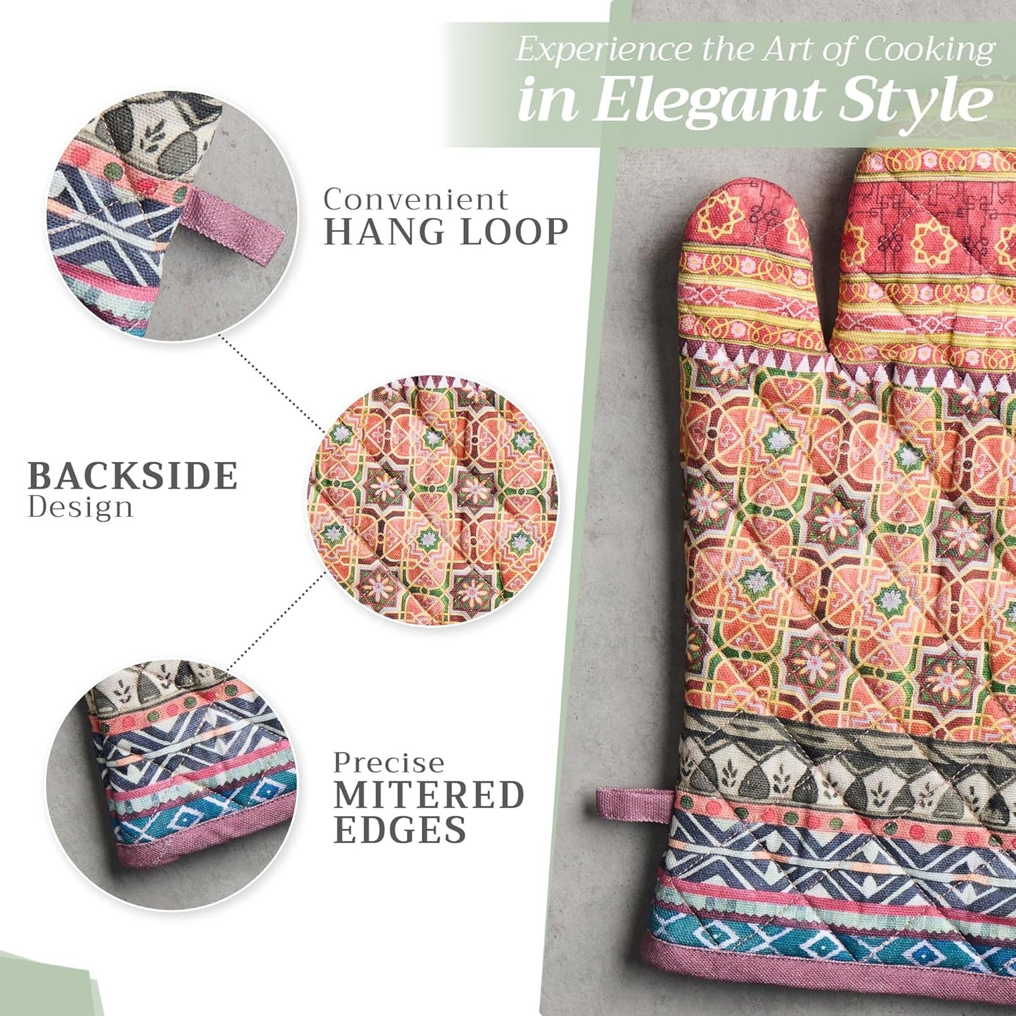 Maison d' Hermine 100% Cotton Oven Mitt & Pot Holder Set (7.5"x13" & 8"x8") Heat Resistant BBQ Cooking Gloves with Loop, Baking, Grilling, Kitchen, Handling Hot Pans (Ispahan)