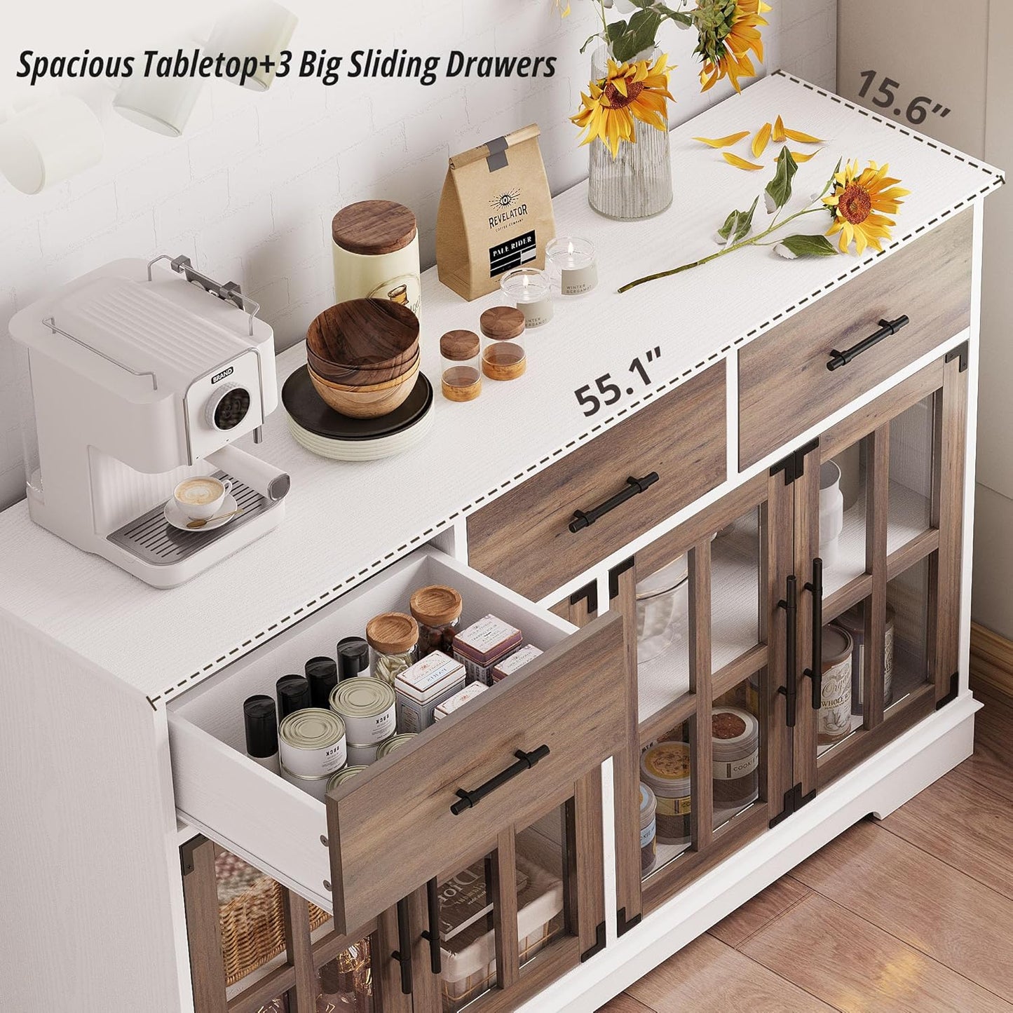 IRONCK Buffet Cabinet with Storage, 55" Large Sideboard Buffet Storage with LED Lights, Farmhouse Coffee Bar Wood Liquor Cabinet for Kitchen, Dining Room, White and Oak