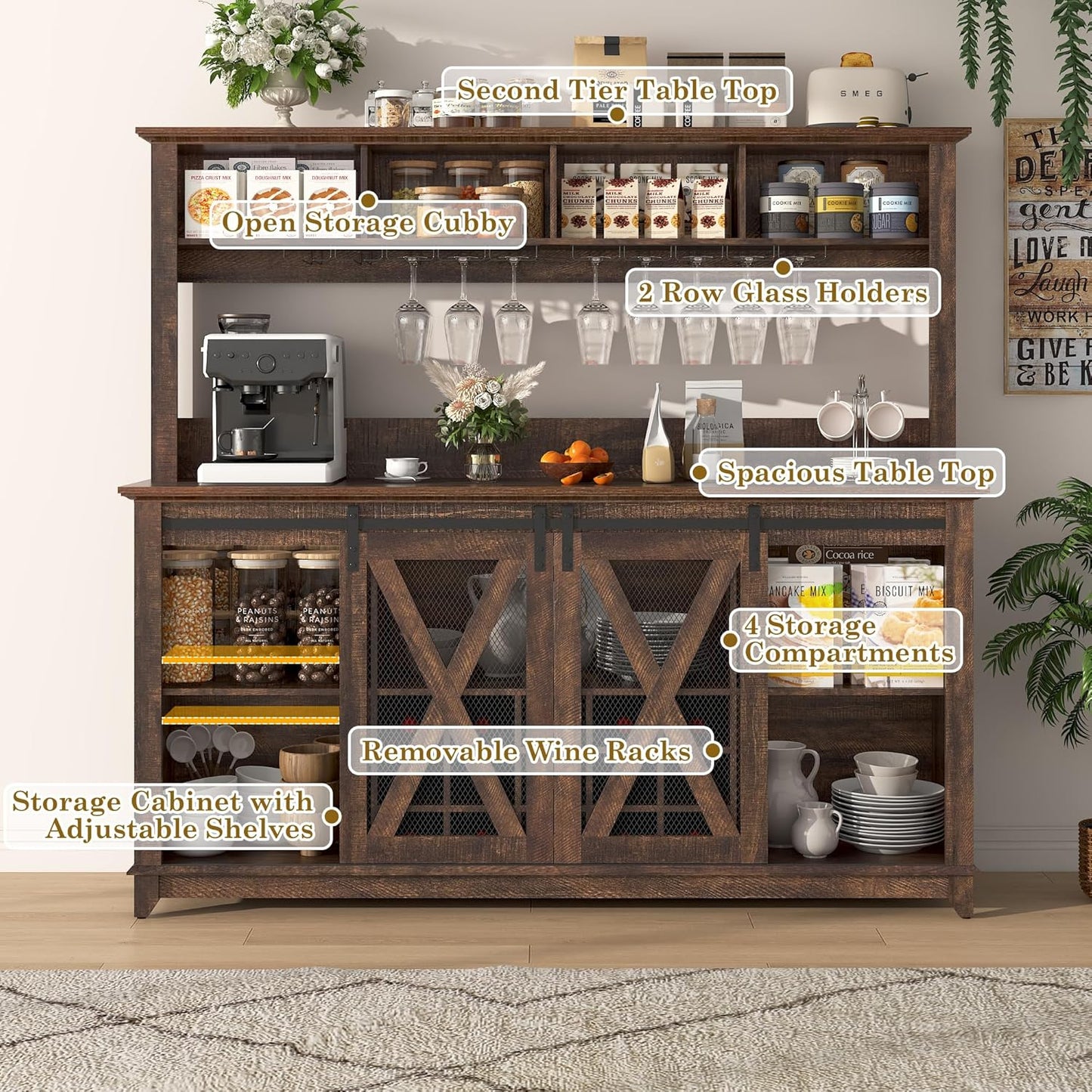 63"W Farmhouse Coffee Bar Cabinet with LED Light,Wine Bar Cabinet w/ 4 Tier Storage Hutch,Kitchen Buffet Cabinet w/Sliding Barn Door & 15 Wine and Glass Racks for Kitchen Dining Room(Brown)