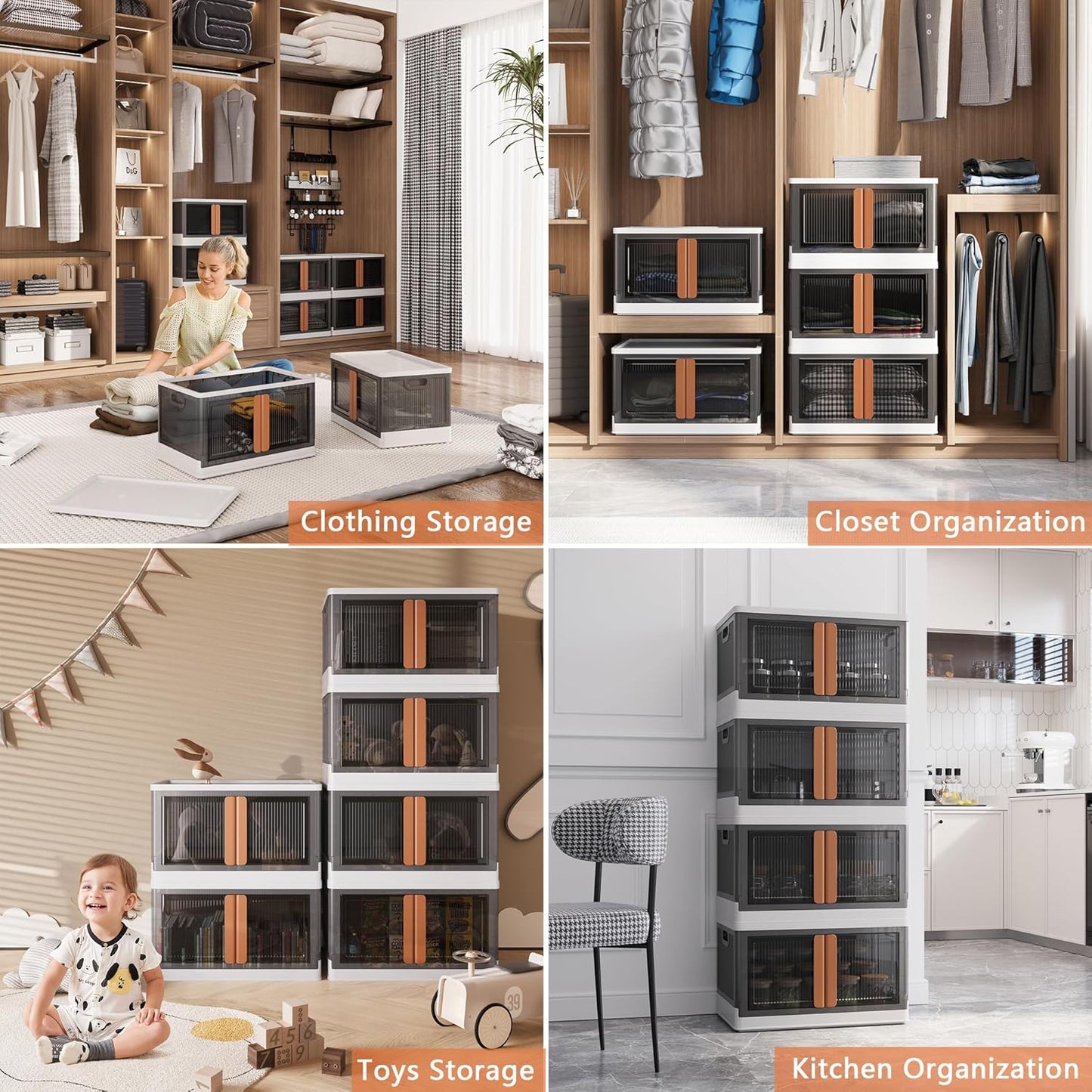 19Gal Collapsible Storage Bins with Lids & Wheels - 3 Pack Stackable with Doors, Heavy-Duty Plastic Containers for Home/Office, White