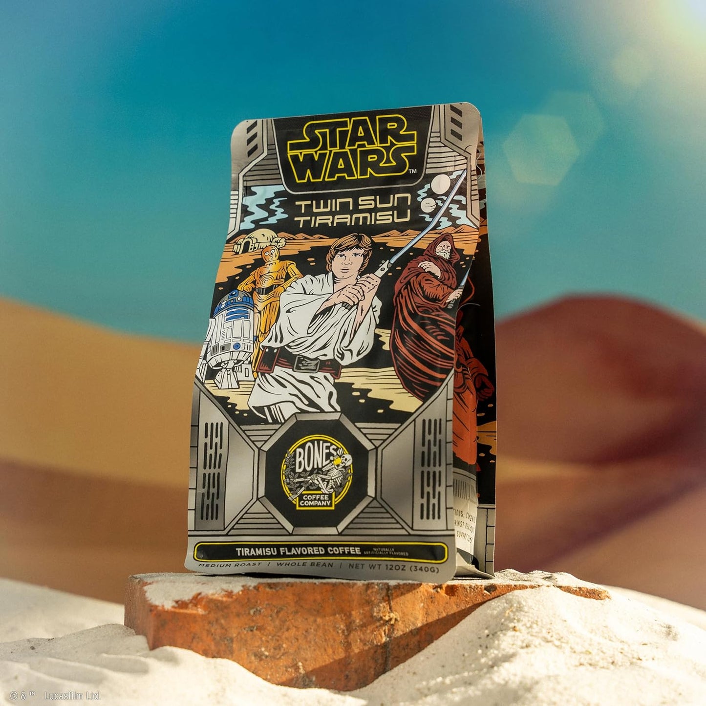 Bones Coffee Company Star Wars Twin Sun Tiramisu Flavored Coffee, Medium Roast Low Acid Arabica Beans Compatible with Auto drip and French Press Coffee Maker, 12 Oz Ground