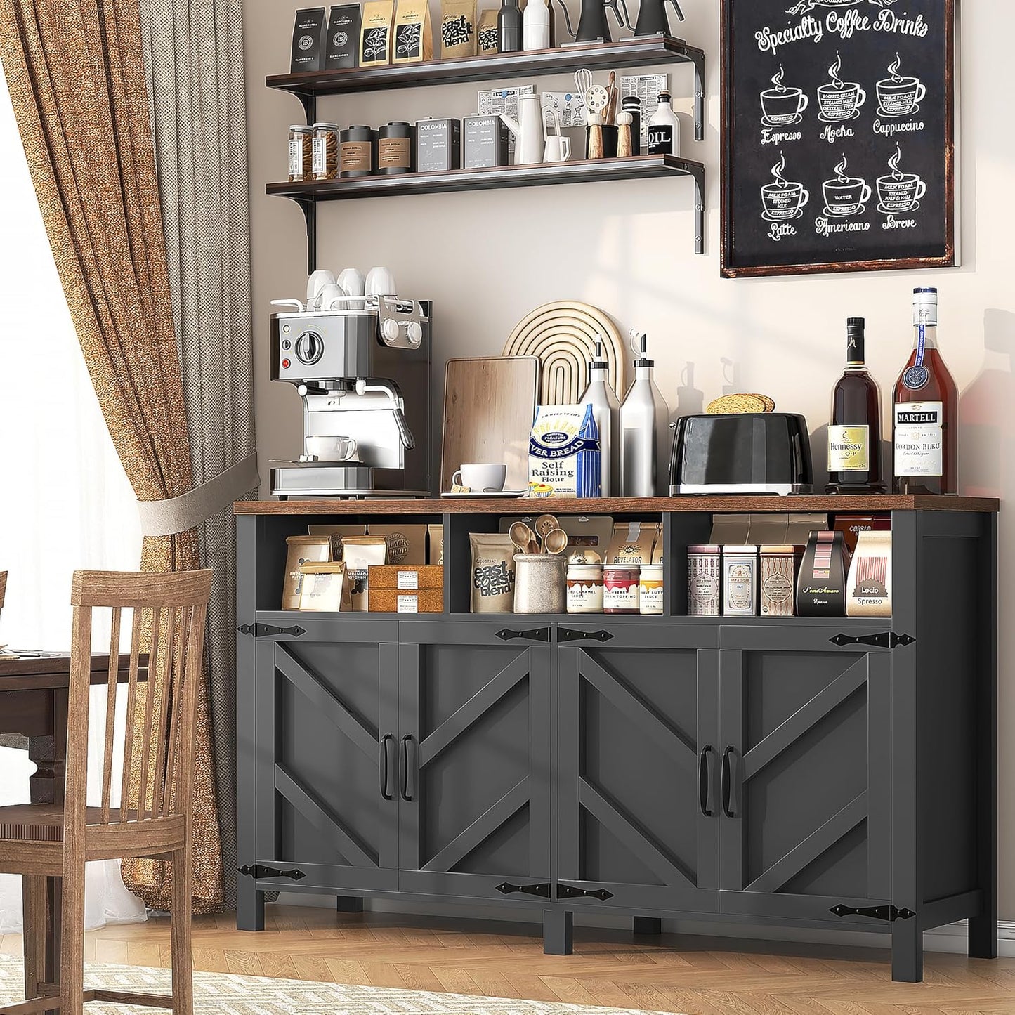 Buffet Sideboard with Storage Farmhouse with 4 Doors, 55'' Large Kitchen Storage Cabinet Wood Coffee Bar Cabinet Buffet Table with Shelves for Kitchen, Dining Room, Entryway (Black, 55 in)