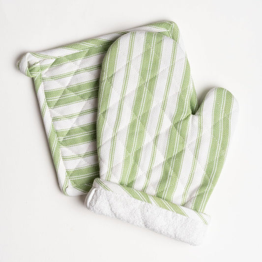 Oven Mitt & Potholder Set - Durable Heat Resistant Gloves - Thick Mittens for Kitchen - Suitable for Cooking, Baking, Grilling – BBQ - 1 Oven Mitts & 1 Potholders – Grass Green Stripes - Casa De Lan
