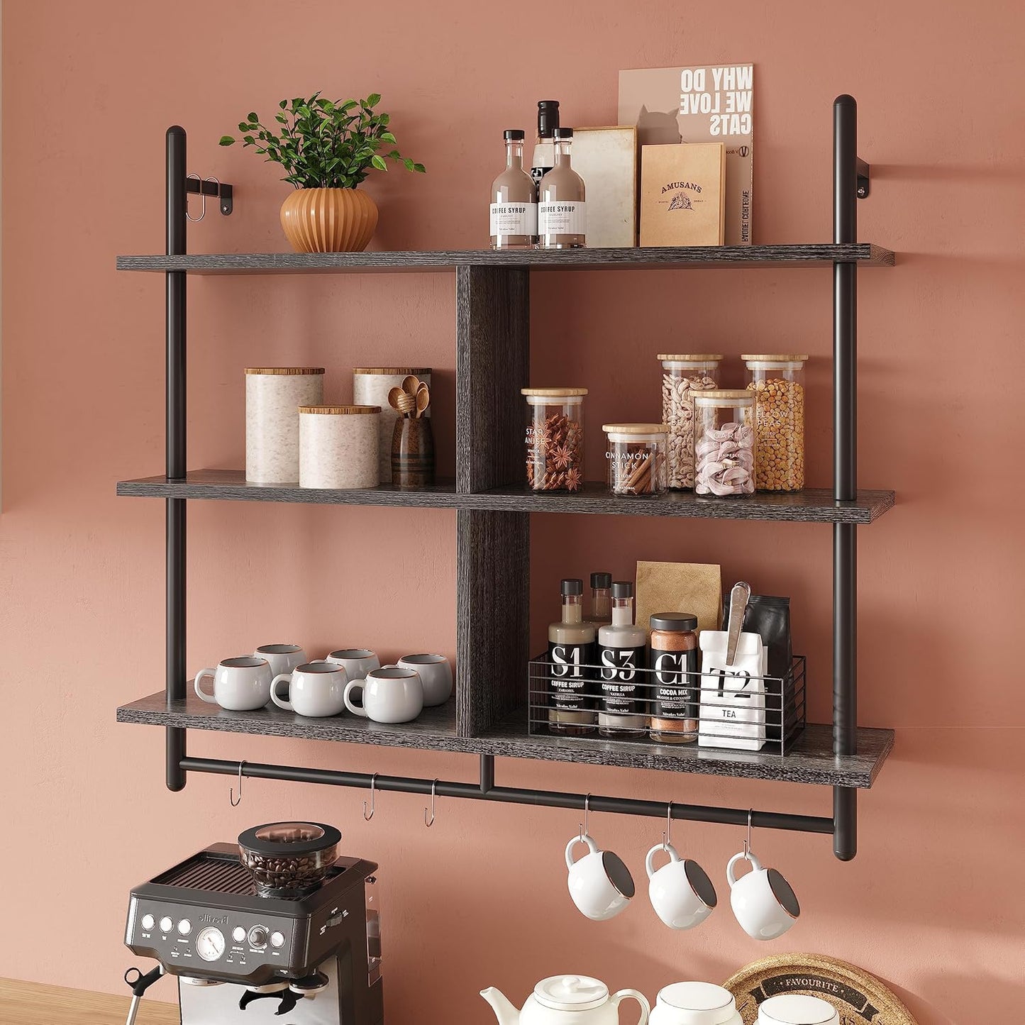 Bestier Kitchen Shelves Wall Mounted Floating Pipe Shelving 3 Tier 41.5" Coffee Bar Shelf with Holder, Wall Display Storage Rack Sundries for Kitchen Living Room, Charcoal Black