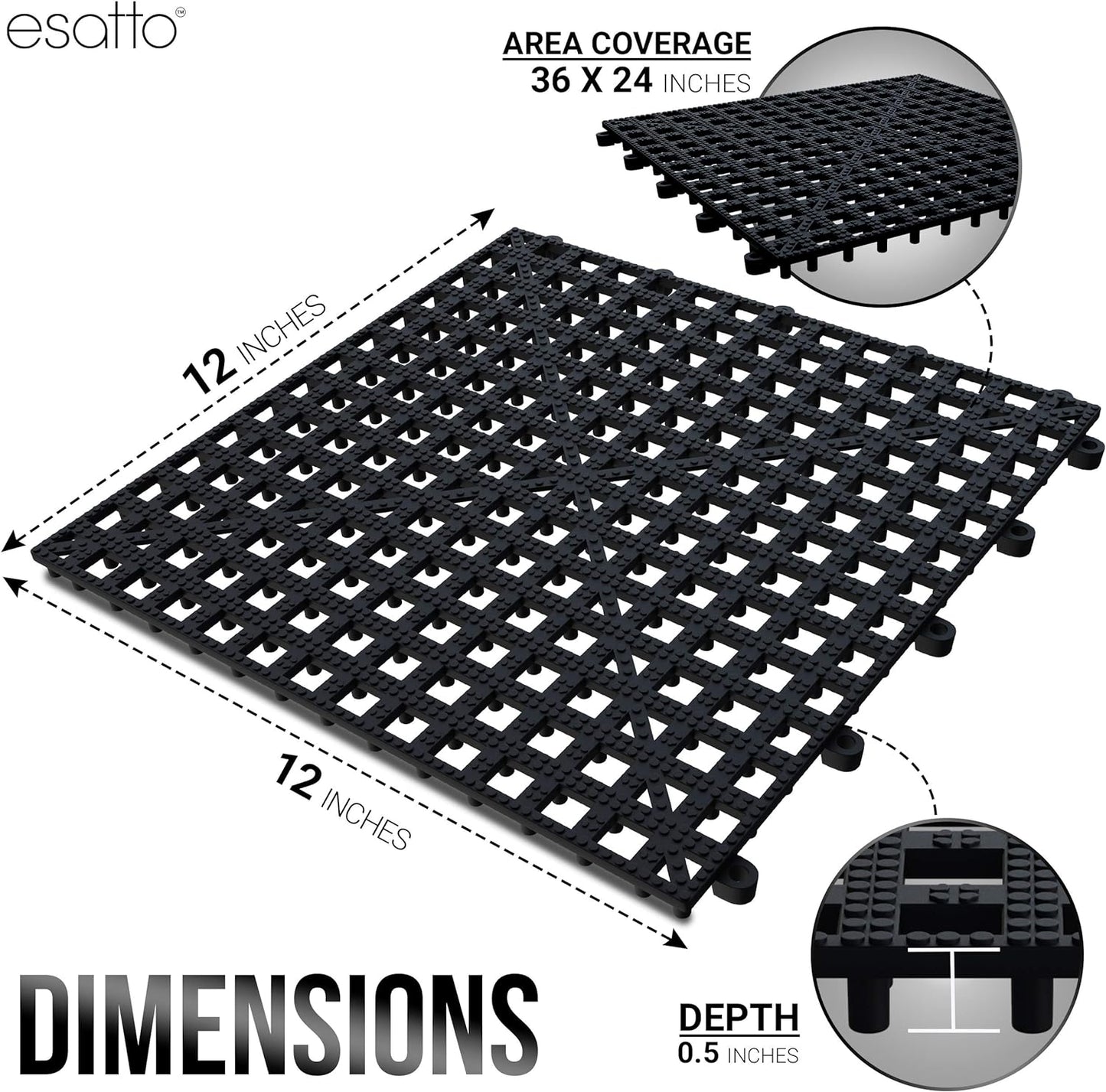 Esatto 12 Pack Interlocking Shelf Mats 12″, Black – for Spills, Clean Bars, Stain Protection, and an Anti-Slip Surface