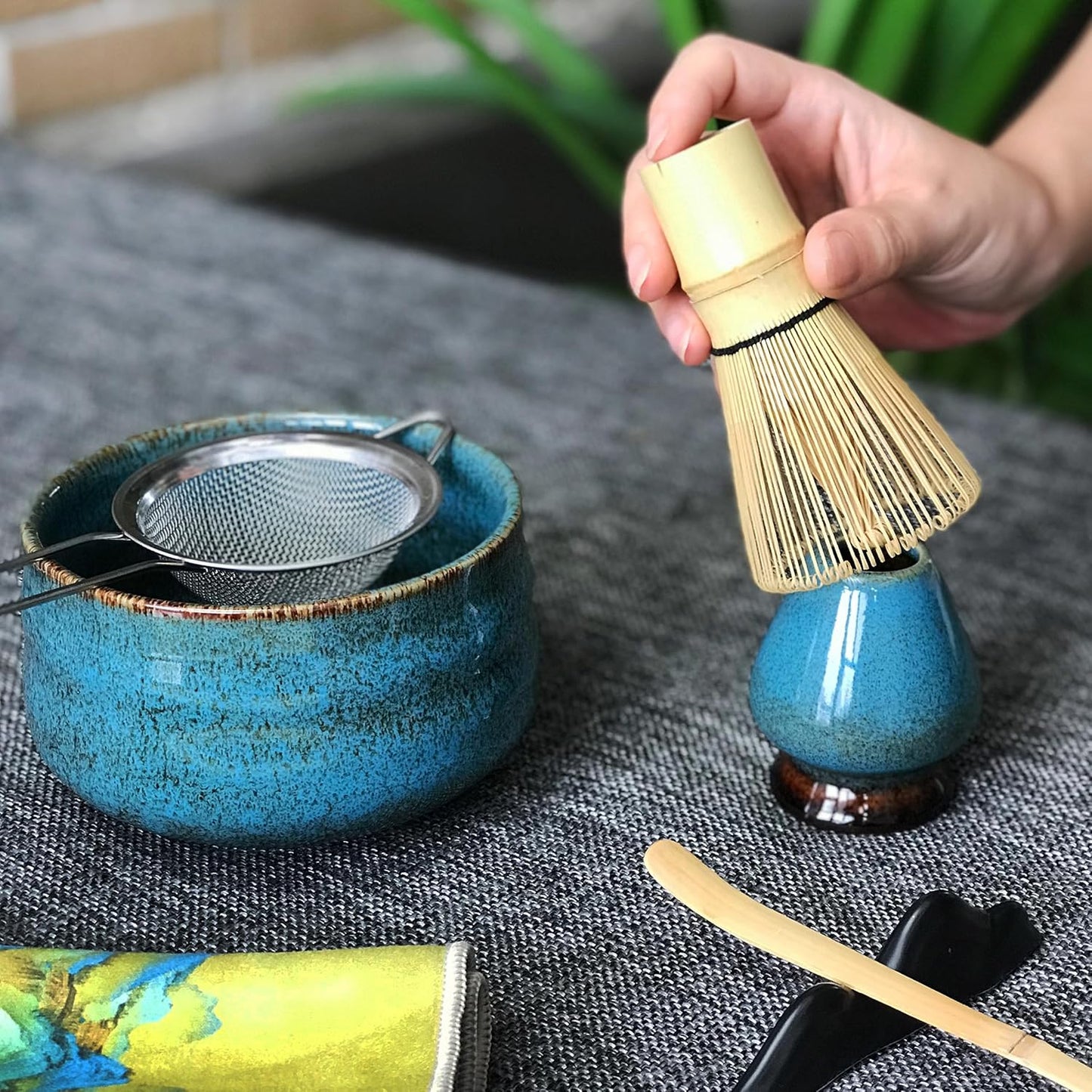 Japanese Matcha Tea Set(7pcs),Matcha Bowl And Whisk Set,Whisk Holder, Matcha Powder Sifter, Bamboo Scoop,The Perfect Matcha Tools Kit For Matcha Tea Ceremony (Kiln Glaze-Blue)