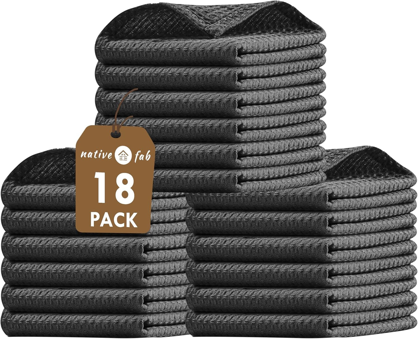 Native Fab 18 Pack Waffle Dish Cloths - 100% Cotton, 12x12 inch, Absorbent, Quick Drying, Washable Towels for Cleaning, Cooking & Baking - Perfect for Home, Restaurants, Bars, Multi Use - Black