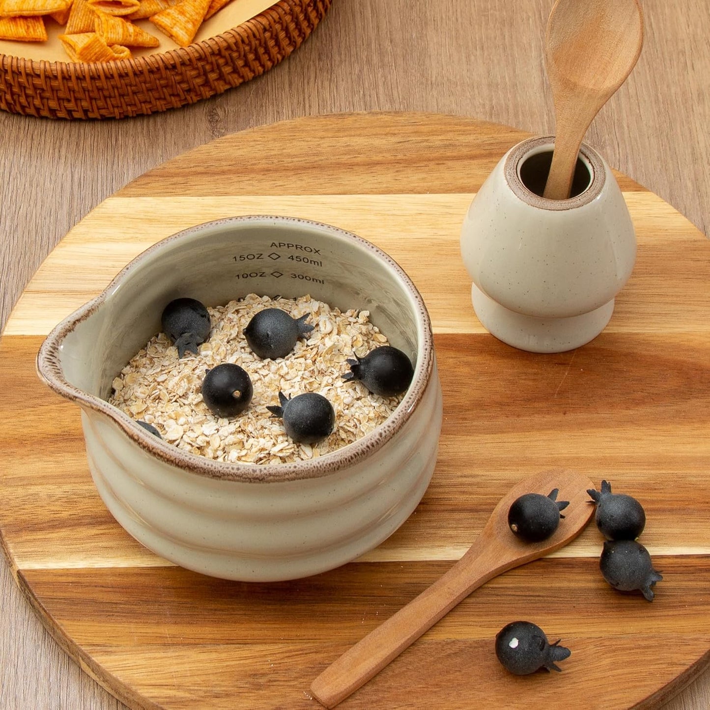 2pcs Matcha Bowl with Whisk Holder, Ceramic Grey Matcha Bowl with Spout, 16.5OZ Porcelain Bowl with Measurement Marks, Tea Mixing Bowl with Whisk Stand, Matcha Gift Set (grey)