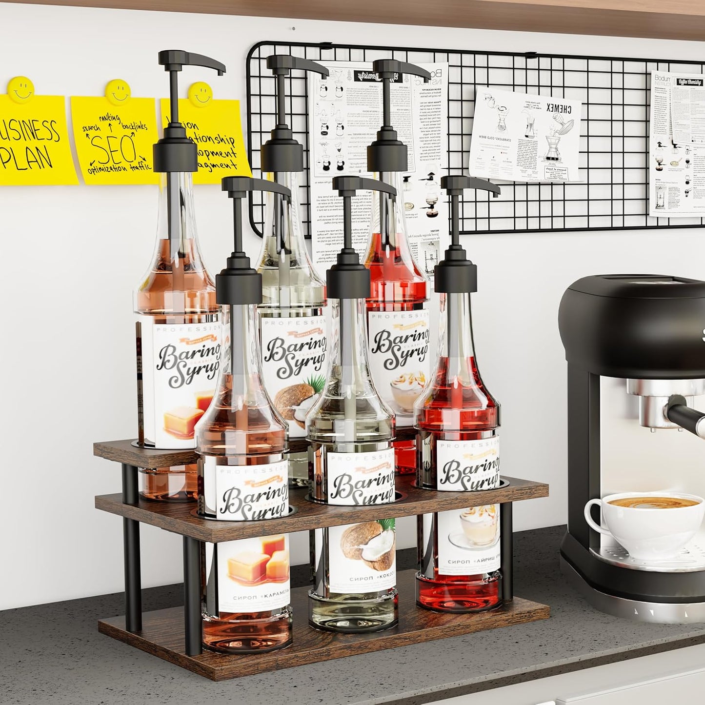 KLM Coffee Syrup Organizer, 2 Tier Wooden Small Display Shelf (6 Bottle Capacity),Syrup Bottle Sturdy Holder for Coffee Bar, Kitchen Countertop Syrups, Condiments and Wine