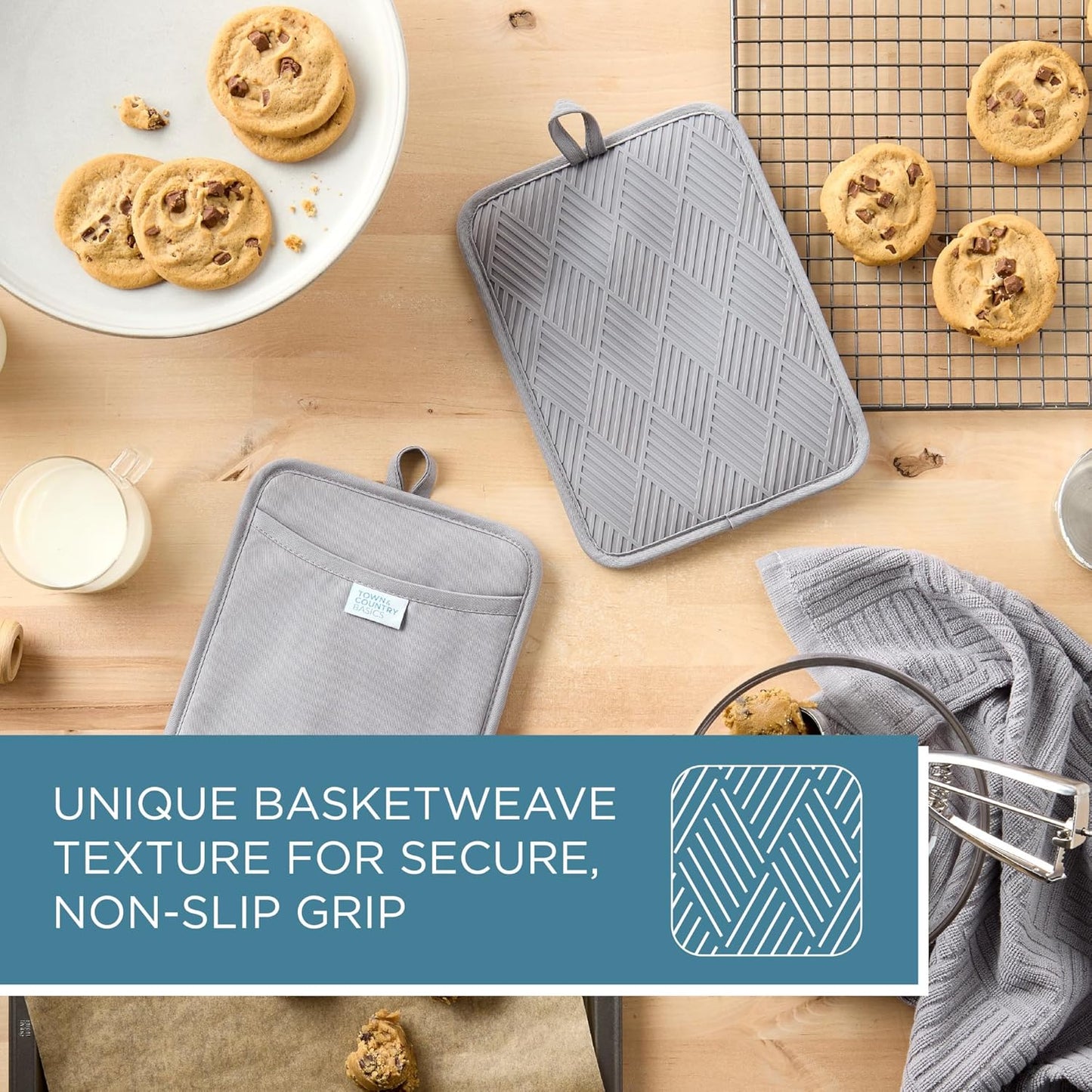 TOWN & COUNTRY BASICS Basketweave Soft Silicone Pot Holder 2-Pack Set, Heat Resistant up to 500F, Flexible Silicone, Non-Slip Grip, Grey, 7.5"x10"