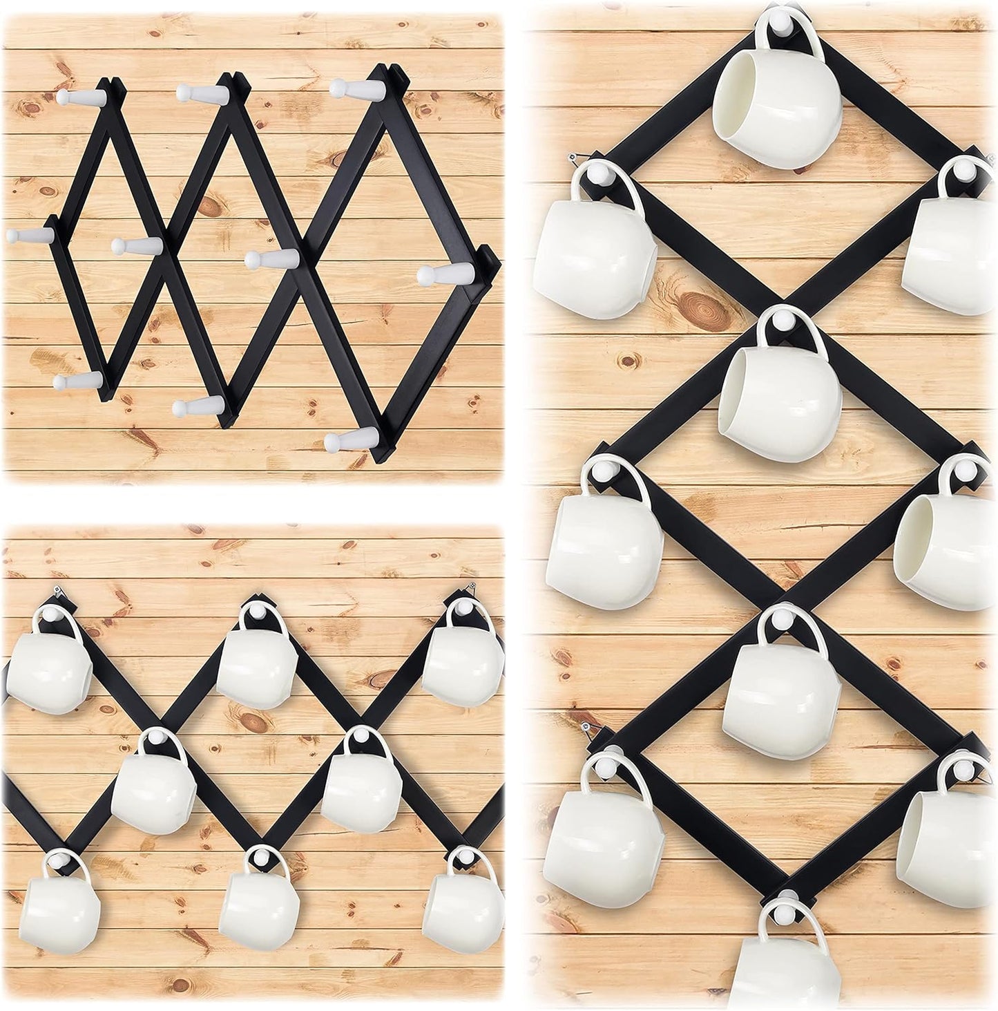 Dseap Accordian Wall Hanger: 16” High Wooden Wall Expandable Coat Rack, Hat Rack Holder, Accordion Hook for Baseball Caps, Coats, Mugs, 10 Peg Hooks, Black & White