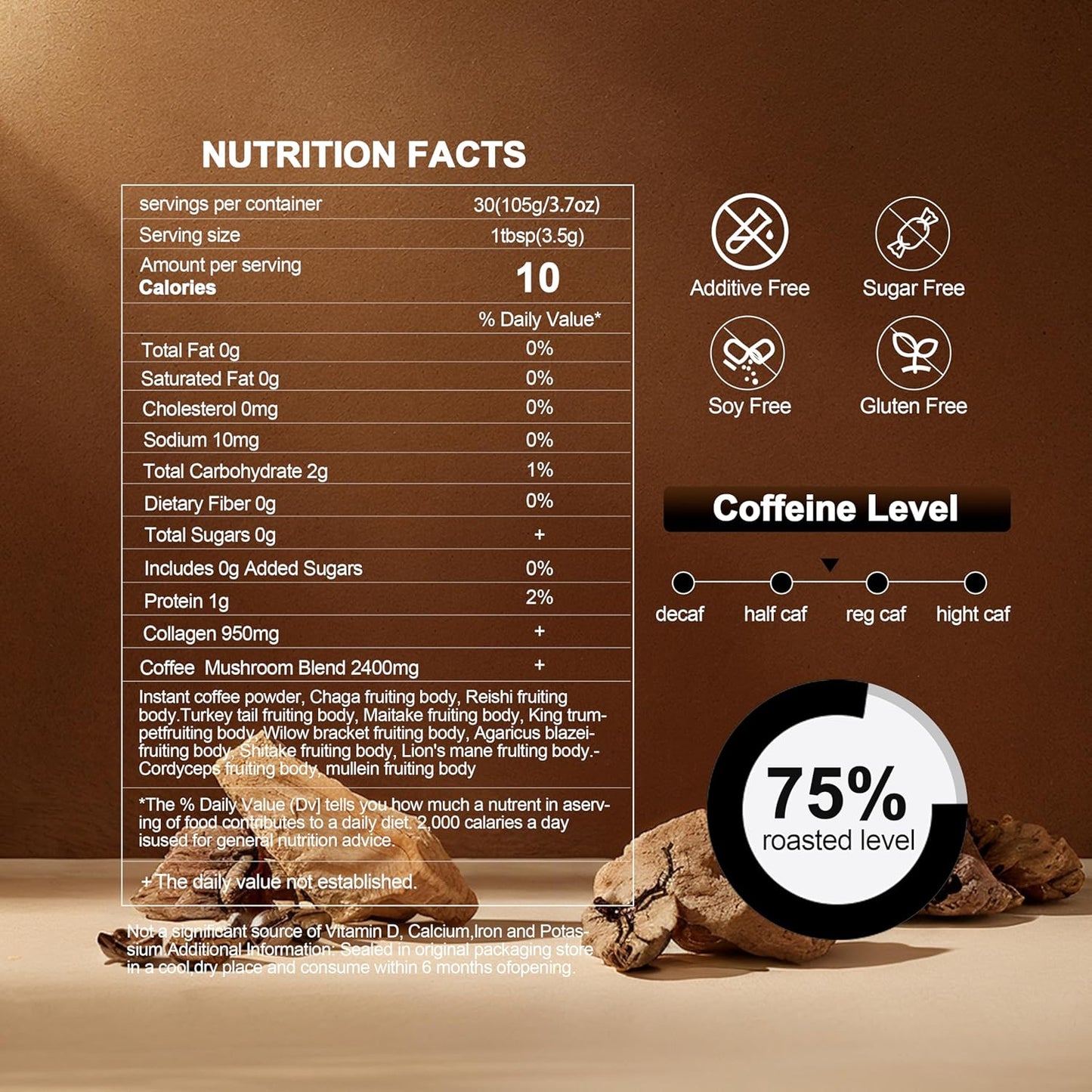 SUNDAFONE Mushroom Coffee with Grass-Fed Collagen, Mullein,Lion's Mane,Reishi and 10 Adaptogenic Mushrooms for Focus,Immunity,Memory,Clarity,Breathing,Skin; Super Instant Collagen Coffee Blend