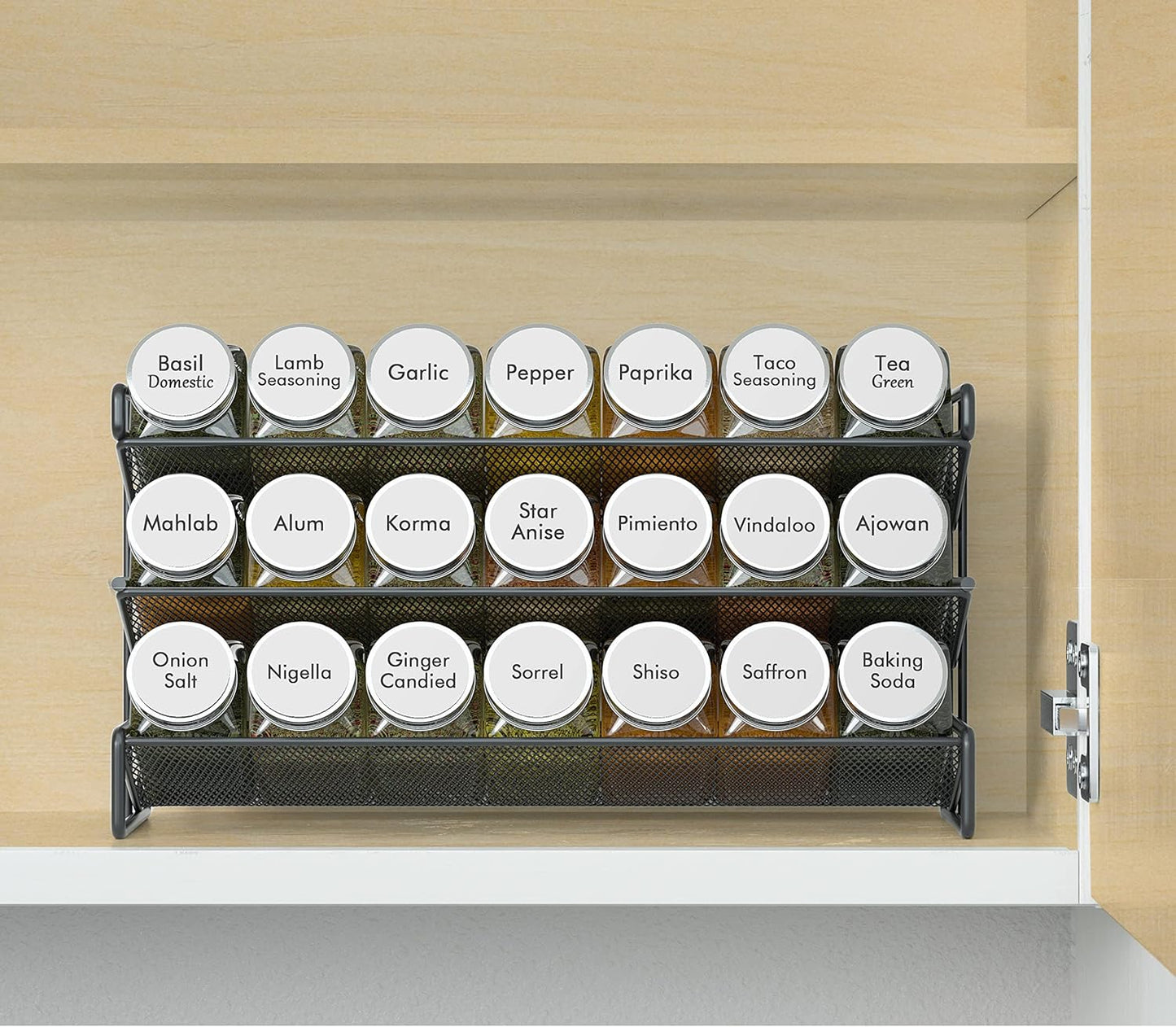 SpaceAid Spice Rack Organizer with 21 Spice Jars, 386 Spice Labels, Chalk Marker and Funnel Set for Cabinet, Countertop, Pantry, Cupboard or Door & Wall Mount - 21 Jars, 13.4" W × 9" H, White