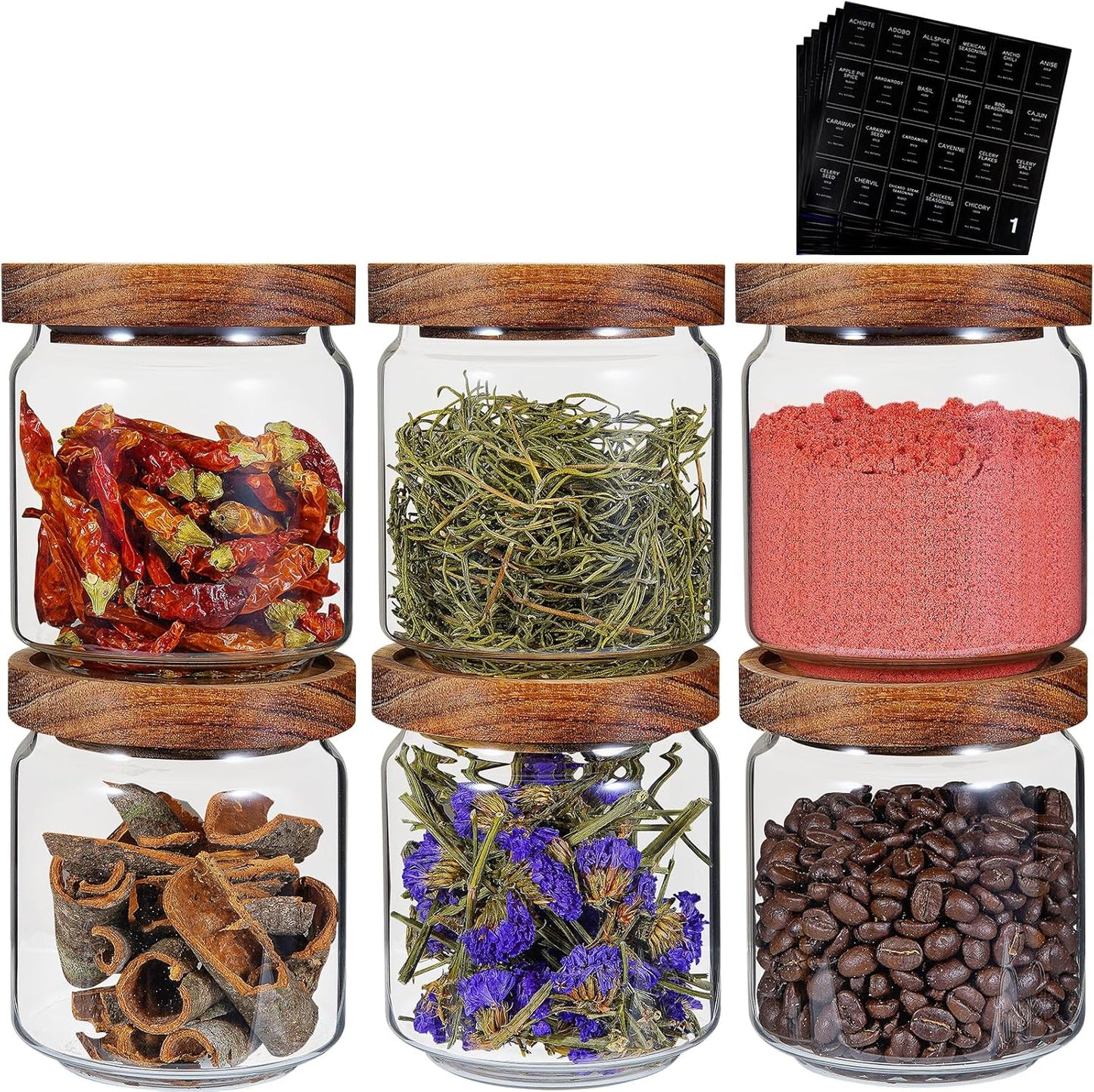 Small Glass Jars with Labels Spice Jar Round Storage Canister with Wooden Lid Clear Glass Food Jar for Pantry Sugar Tea Coffee Bean Spice Nuts Cookies Bath Salts (6 * 420ml(14oz))