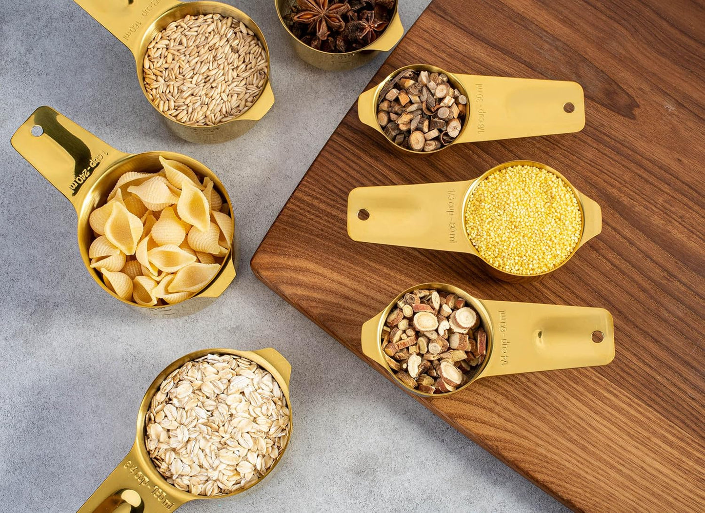 Set of 7 Heavy Duty Measuring Cups, 18/8 Stainless Steel with Ring Connector, Gold