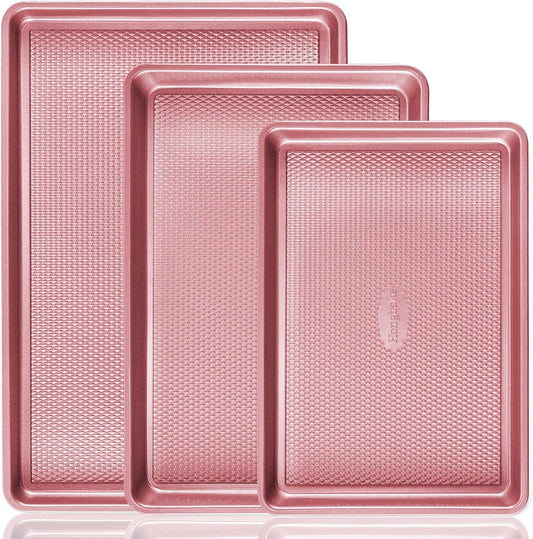 HONGBAKE Baking Sheet Pan Set, Cookie Sheets for Oven, Nonstick Half/Quarter/Jelly Roll Pans with Diamond Texture Pattern, Heavy Duty Cookie Tray, Pink