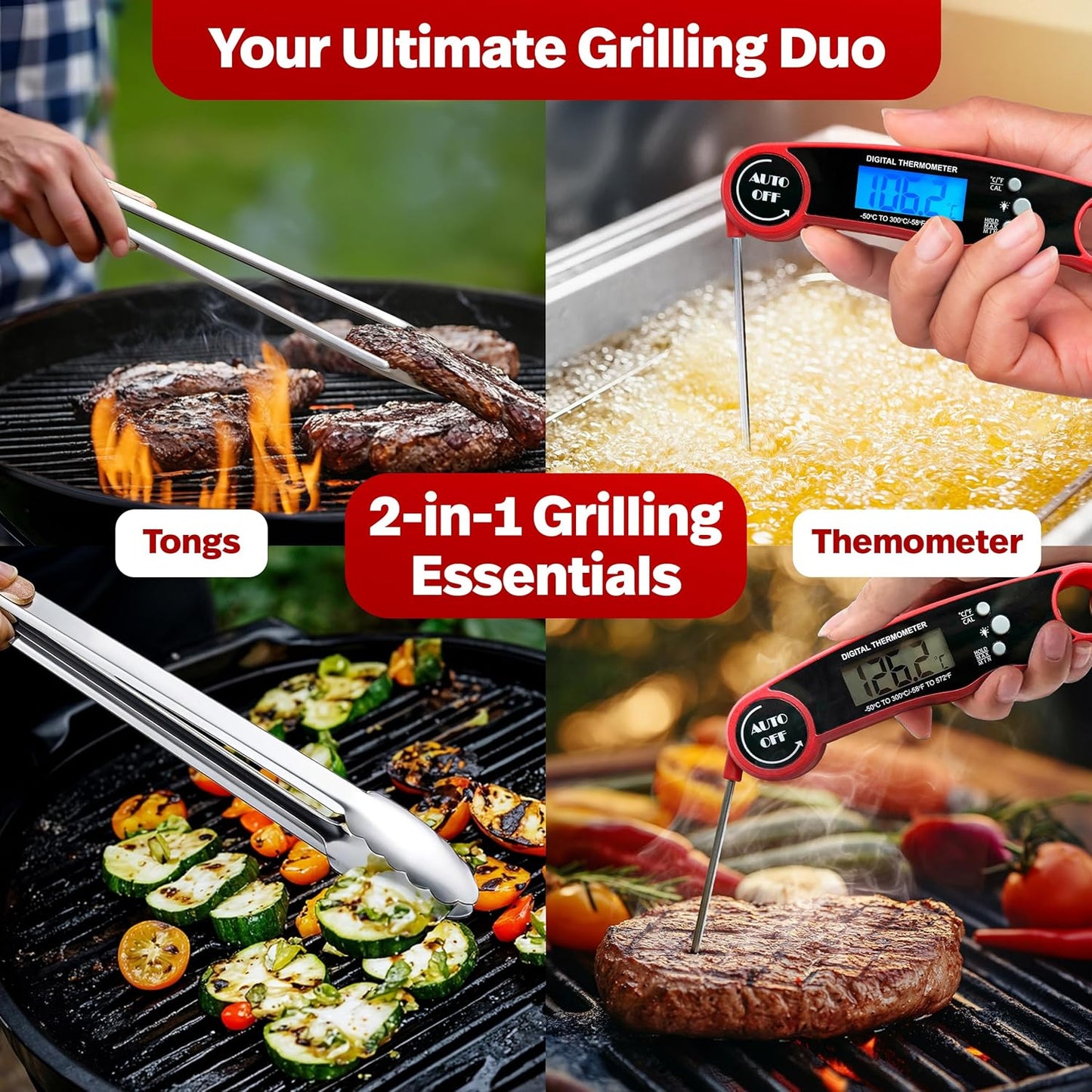 Meat Thermometer Digital Wireless with Cooking Tongs for Cooking & Grilling - Ultra-Fast Waterproof Food Thermometer with Backlight & Calibration for BBQ, Candy, Oven, Kitchen Essentials (Black/Red)