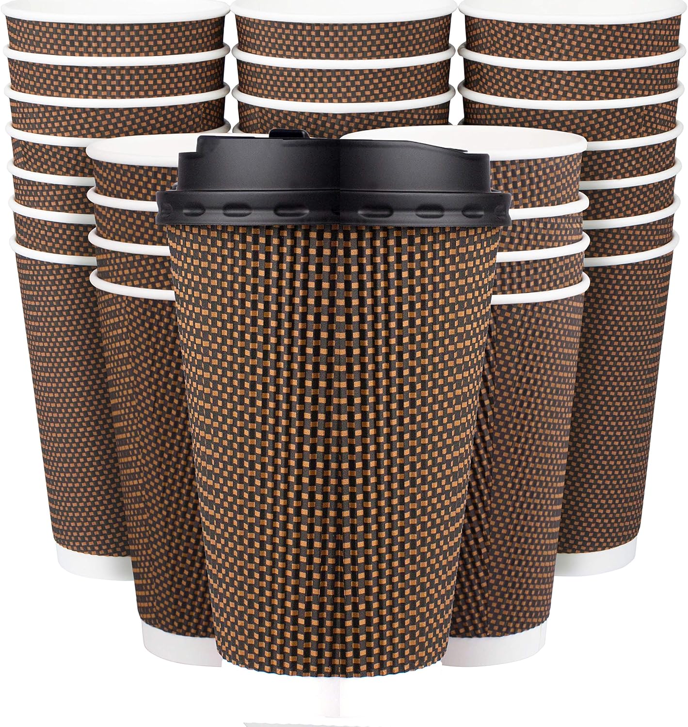 Promora Brown Disposable Coffee Cups With Lids 16 oz, Premium Insulated Paper Ripple Cups for Hot Coffee (80 Pack)